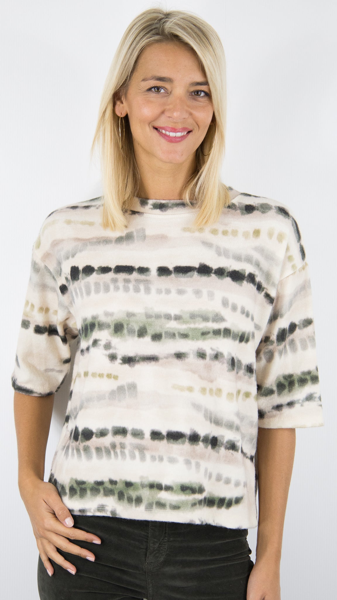 TEE-SHIRT COL ROND MANCHES 3/4 IMPRIME FONDU FEMME ANDROMEDE 85149#COLOR_KAKI