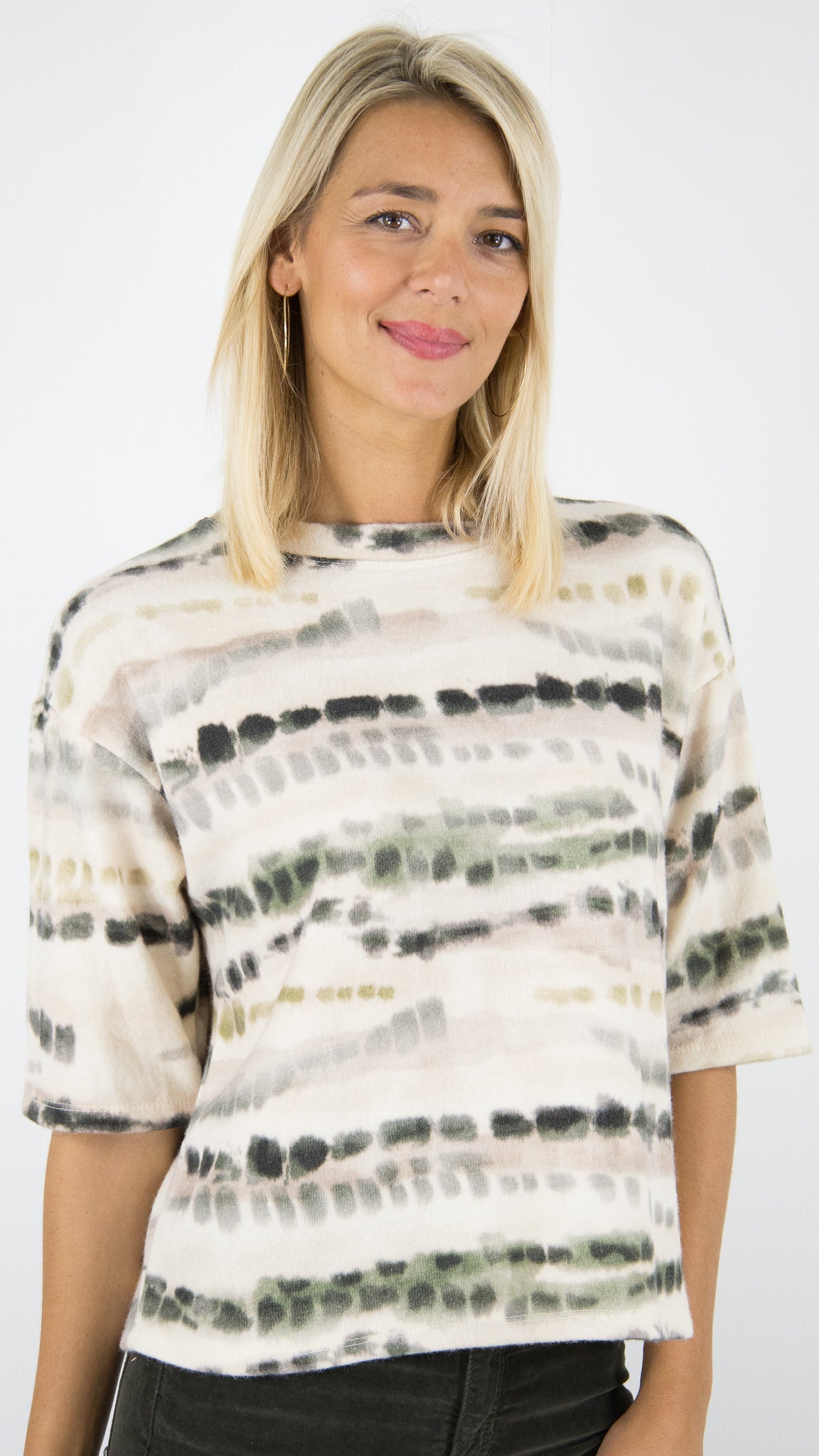 TEE-SHIRT COL ROND MANCHES 3/4 IMPRIME FONDU FEMME ANDROMEDE 85149#COLOR_KAKI