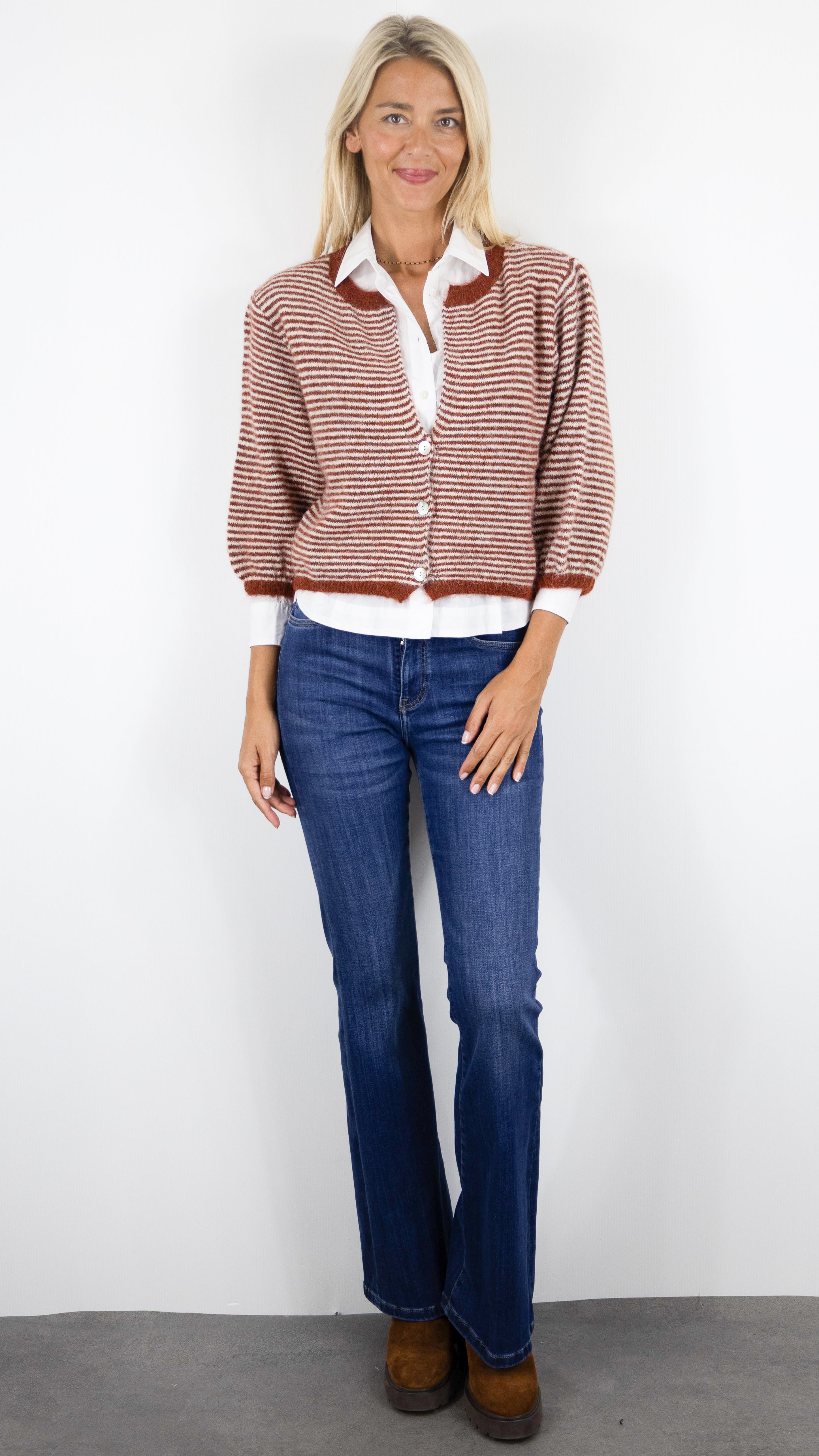 GILET COURT MANCHES 3/4 RAYE POUR FEMME LUKAP 8572#COLOR_TERRACOTTA