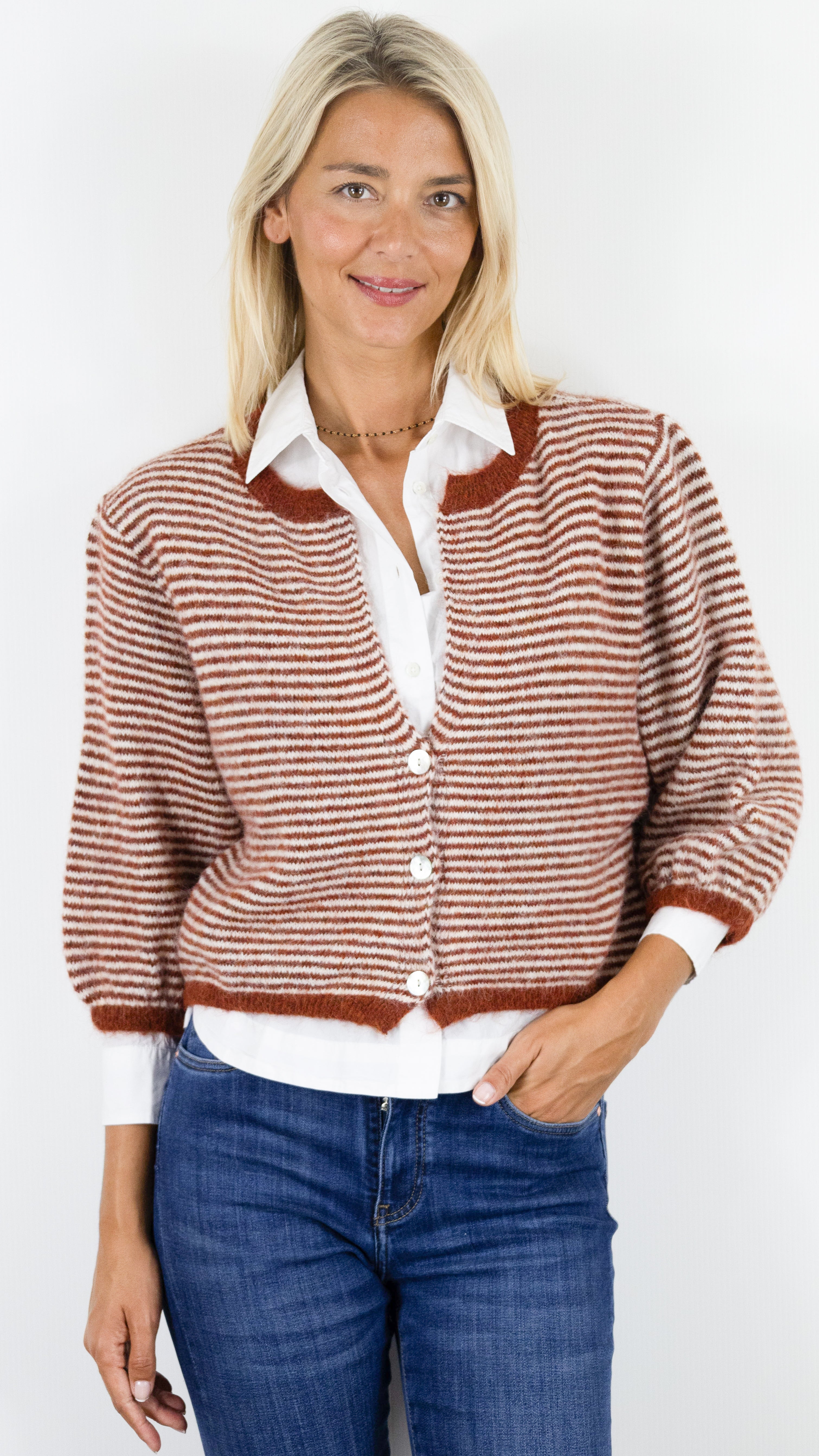 GILET COURT MANCHES 3/4 RAYE POUR FEMME LUKAP 8572#COLOR_TERRACOTTA