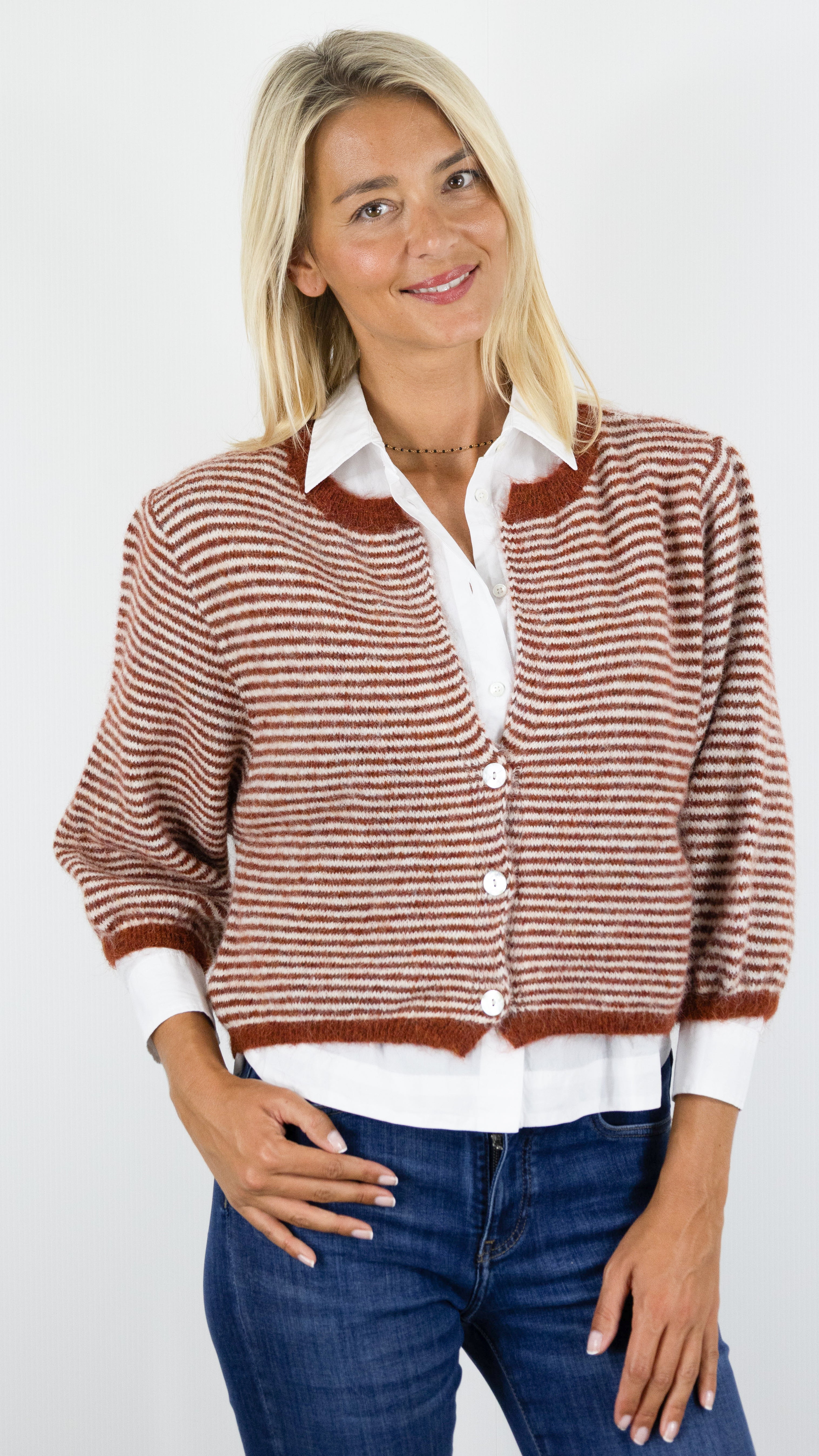 GILET COURT MANCHES 3/4 RAYE POUR FEMME LUKAP 8572#COLOR_TERRACOTTA
