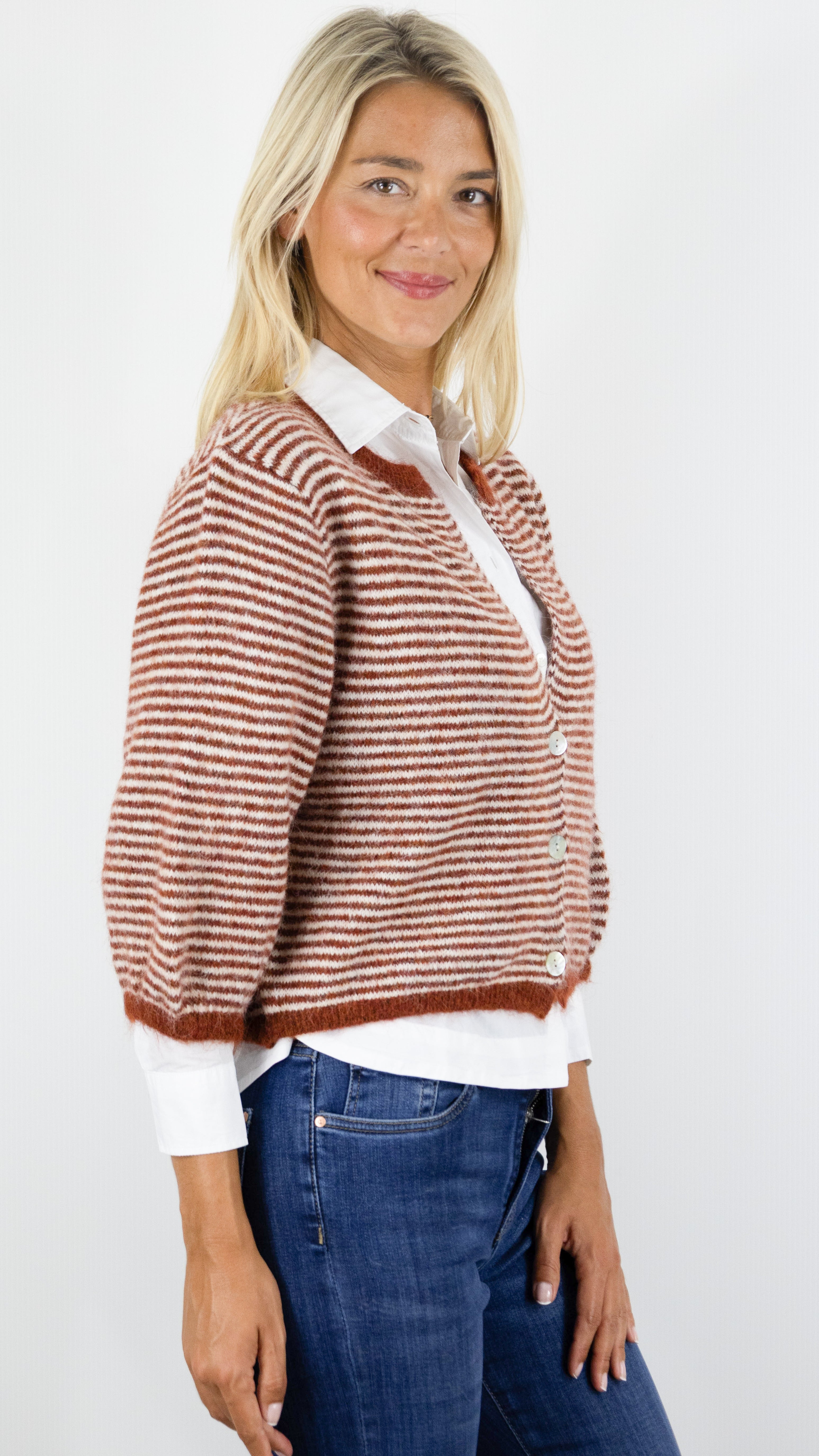 GILET COURT MANCHES 3/4 RAYE POUR FEMME LUKAP 8572#COLOR_TERRACOTTA