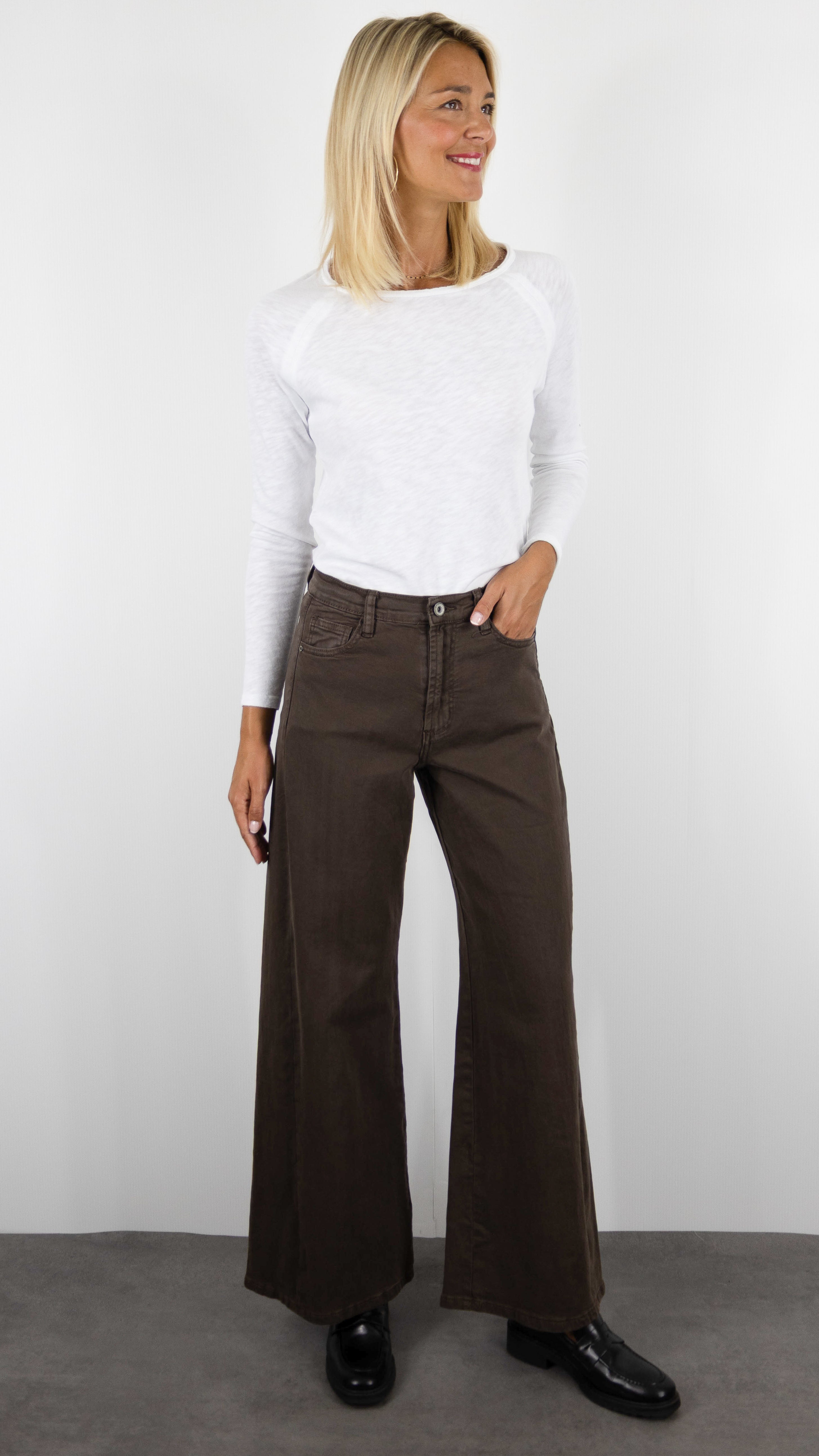 JEANS LARGE EN COTON DOUBLE COUTURES POUR FEMME STUDIO PARISIEN 9240#COLOR_80/MARRON