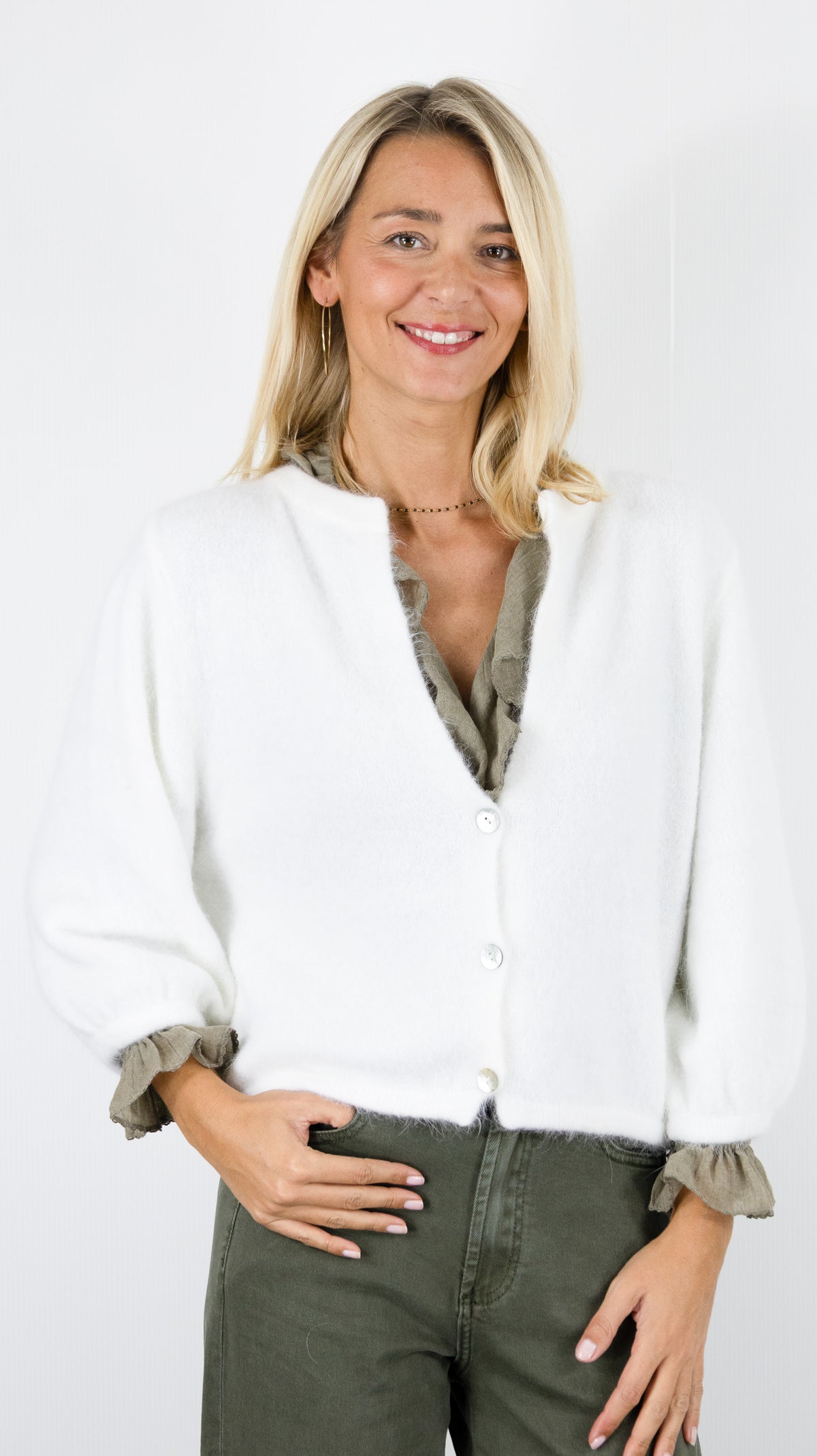 CARDIGAN COURT POUR FEMME NAIS AN25660-1#COLOR_ECRU