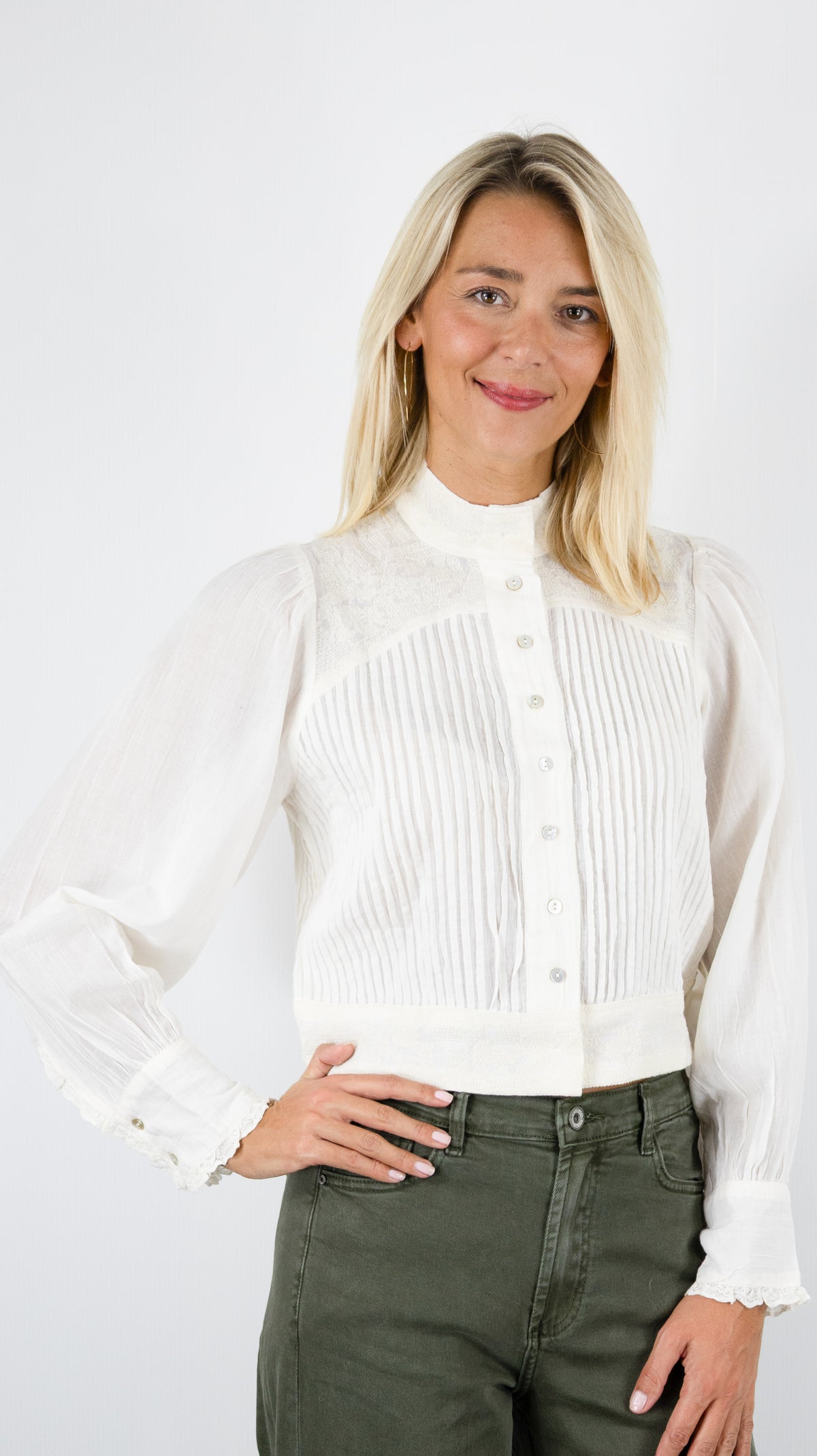 BLOUSE COURTE PLISSEE ET DENTELLE ECRU BA&SH TAVIA