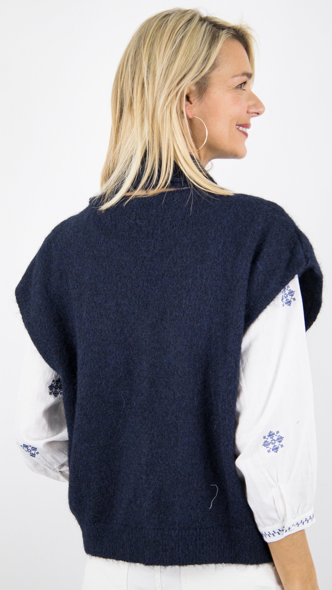 GILET COL A NOUER EN LAINE MANCHES COURTES POUR FEMME  LUK AP 8272#COLOR_MARINE