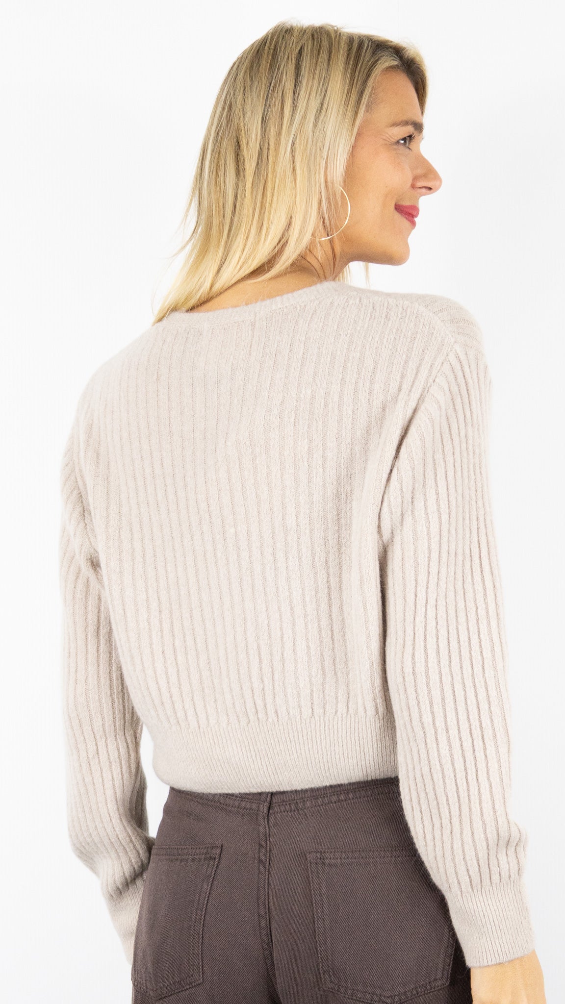 GILET COURT COTELE COL V  STUDIO PARISIEN 9501#COLOR_BEIGE