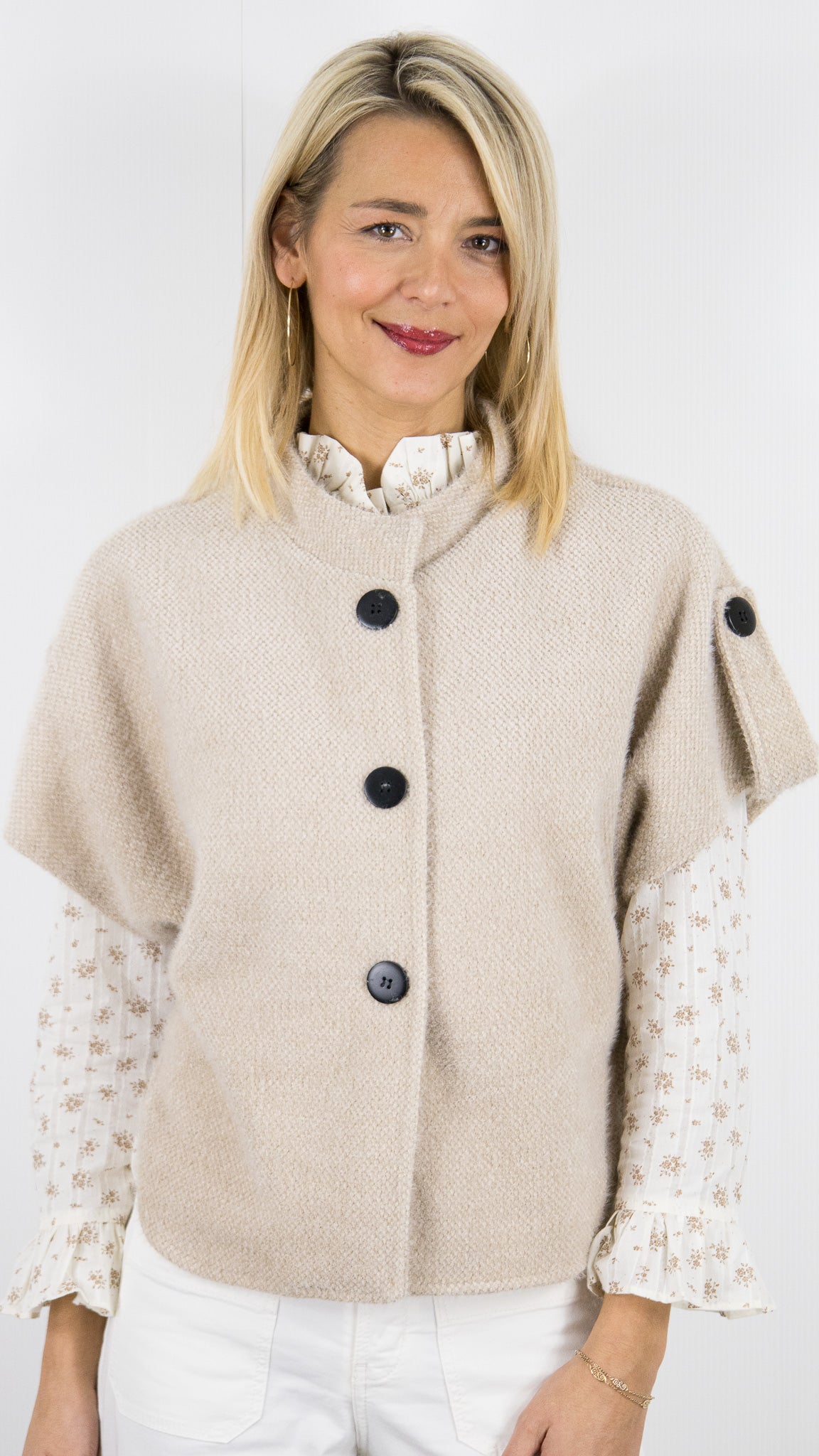 VESTE CAPE CHINEE MANCHES COURTES POUR FEMME LUK AP 96925 E26#COLOR_BEIGE