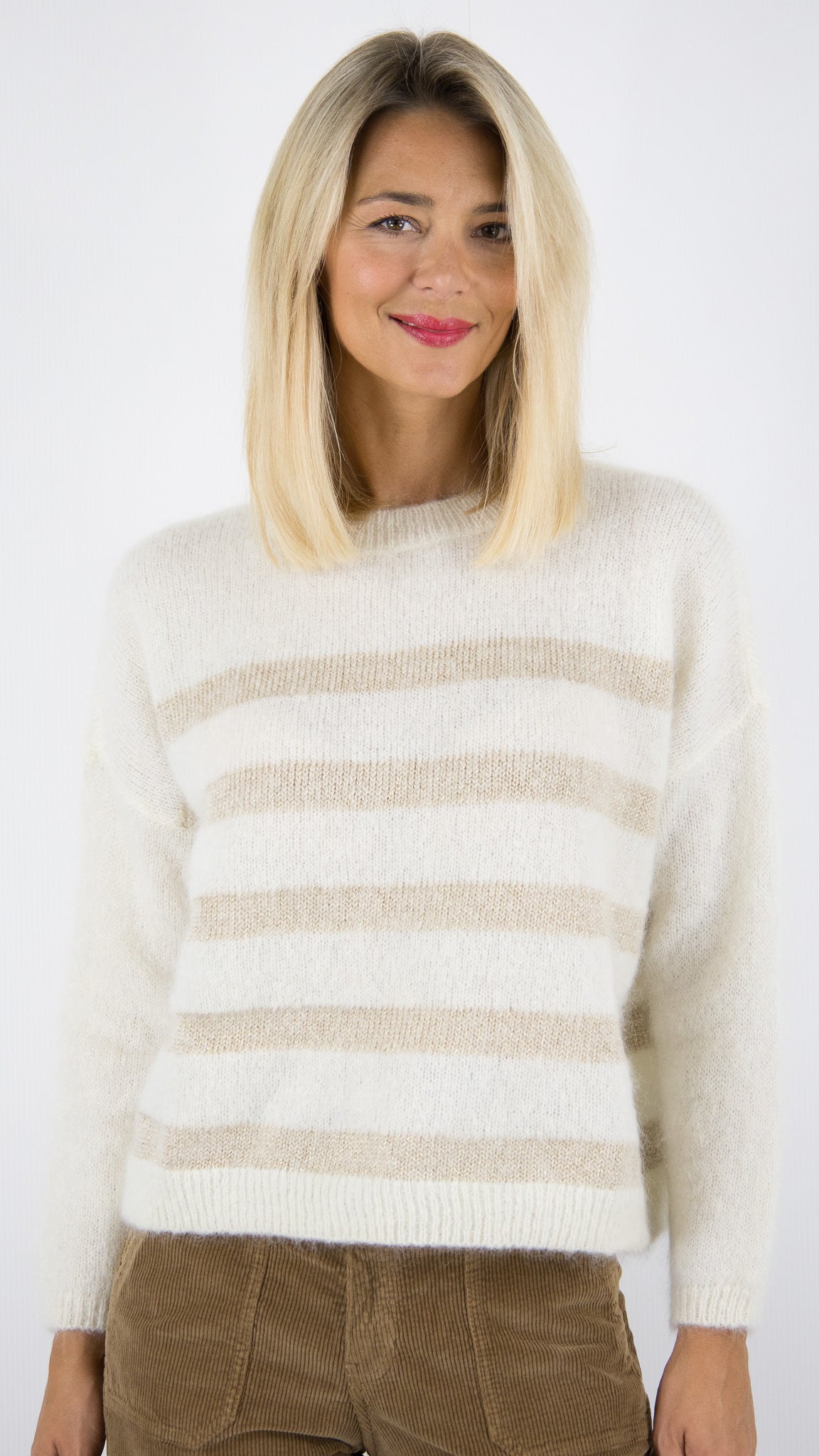 PULL RAYE EN KID MOHAIR POUR FEMME DES PETITS HAUTS ALEO#COLOR_CREME/DORE