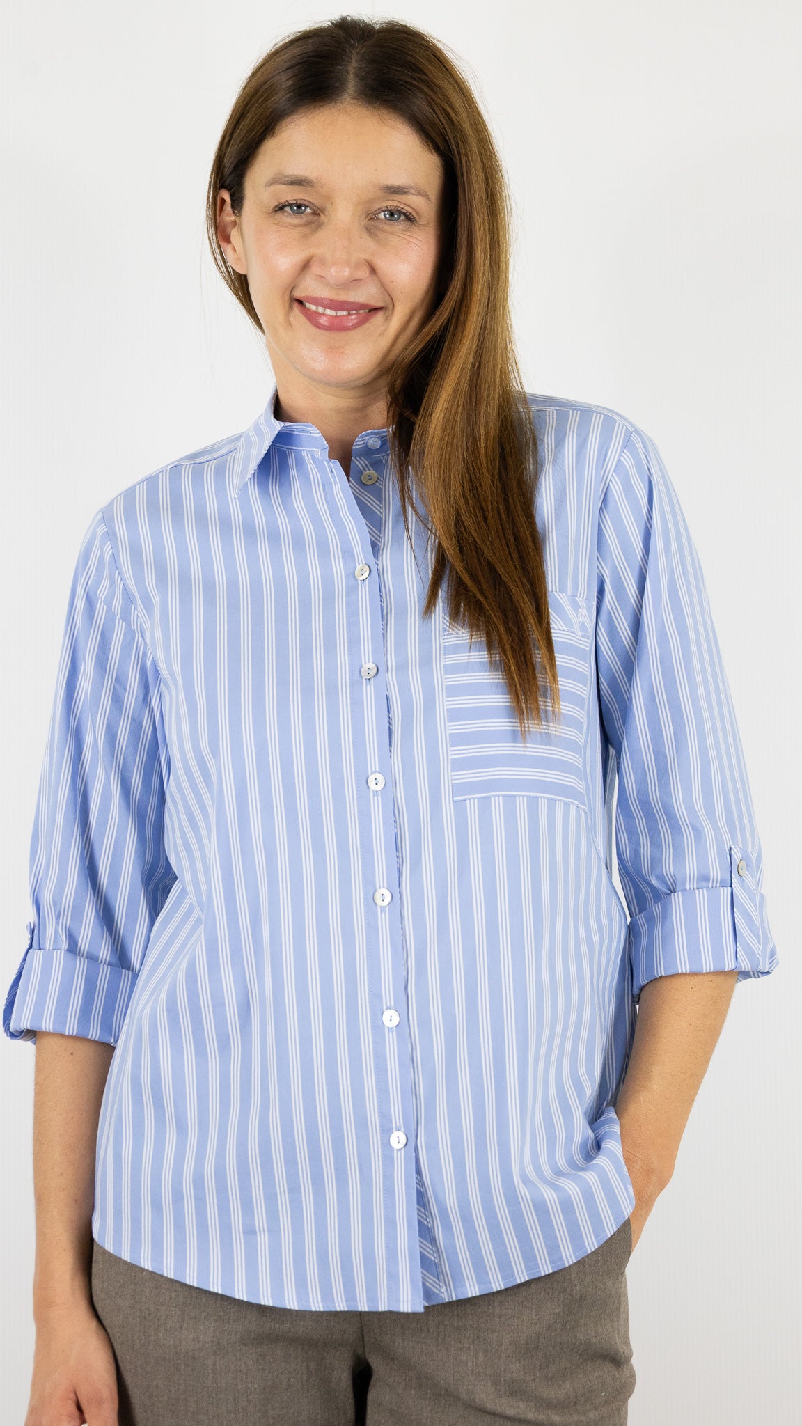 CHEMISE RAYEE EN COTON FEMME BIANCA ANINA#COLOR_439/CIEL