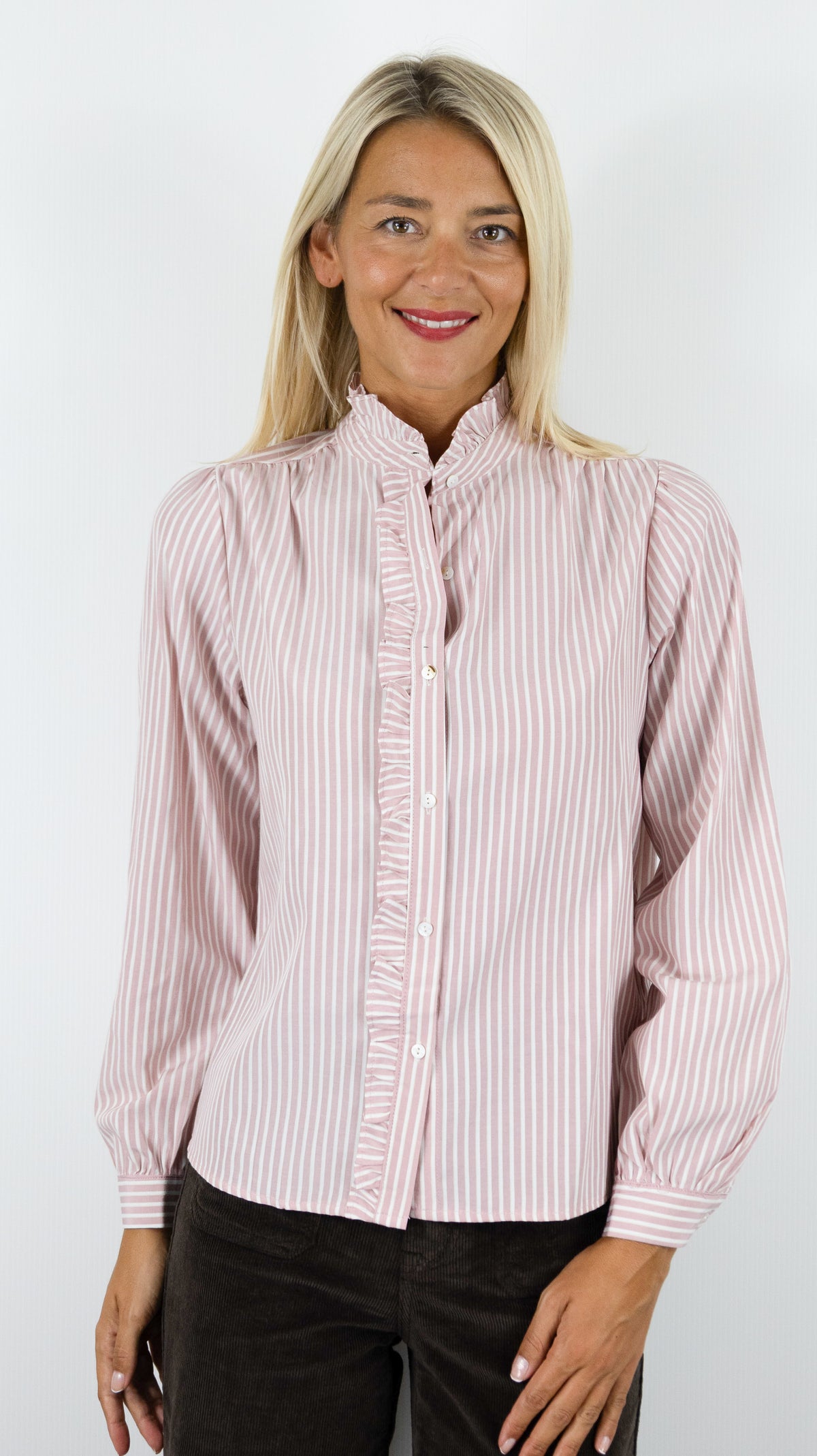 BLOUSE RAYEE VOLANTEE POUR FEMME SEASON 16H851#COLOR_ROSE