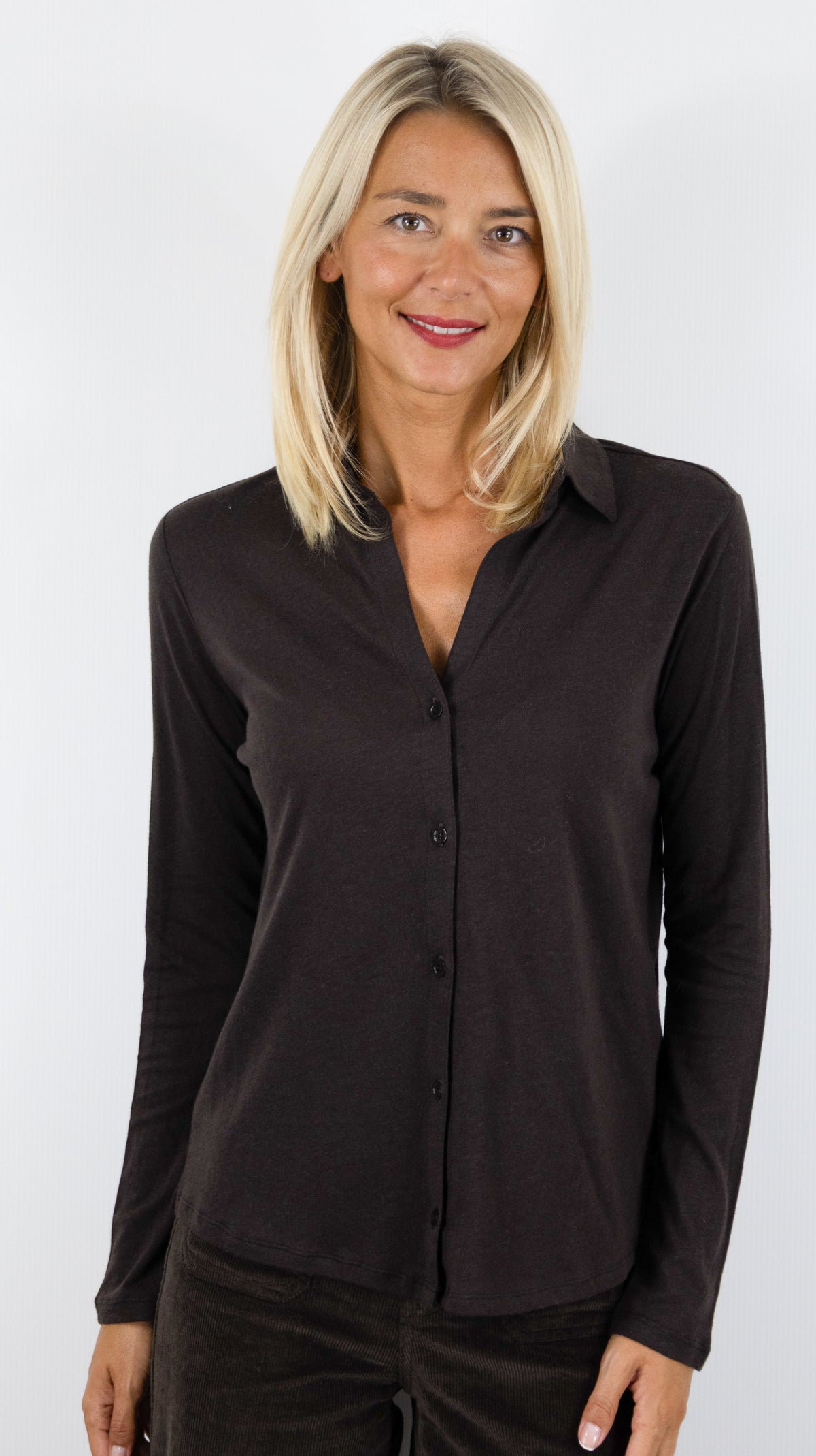 CHEMISE TEE-SHIRT  COL POLO EN COTON POUR FEMME MAJESTIC FCH064/M005#COLOR_1141/CHOCOLATE