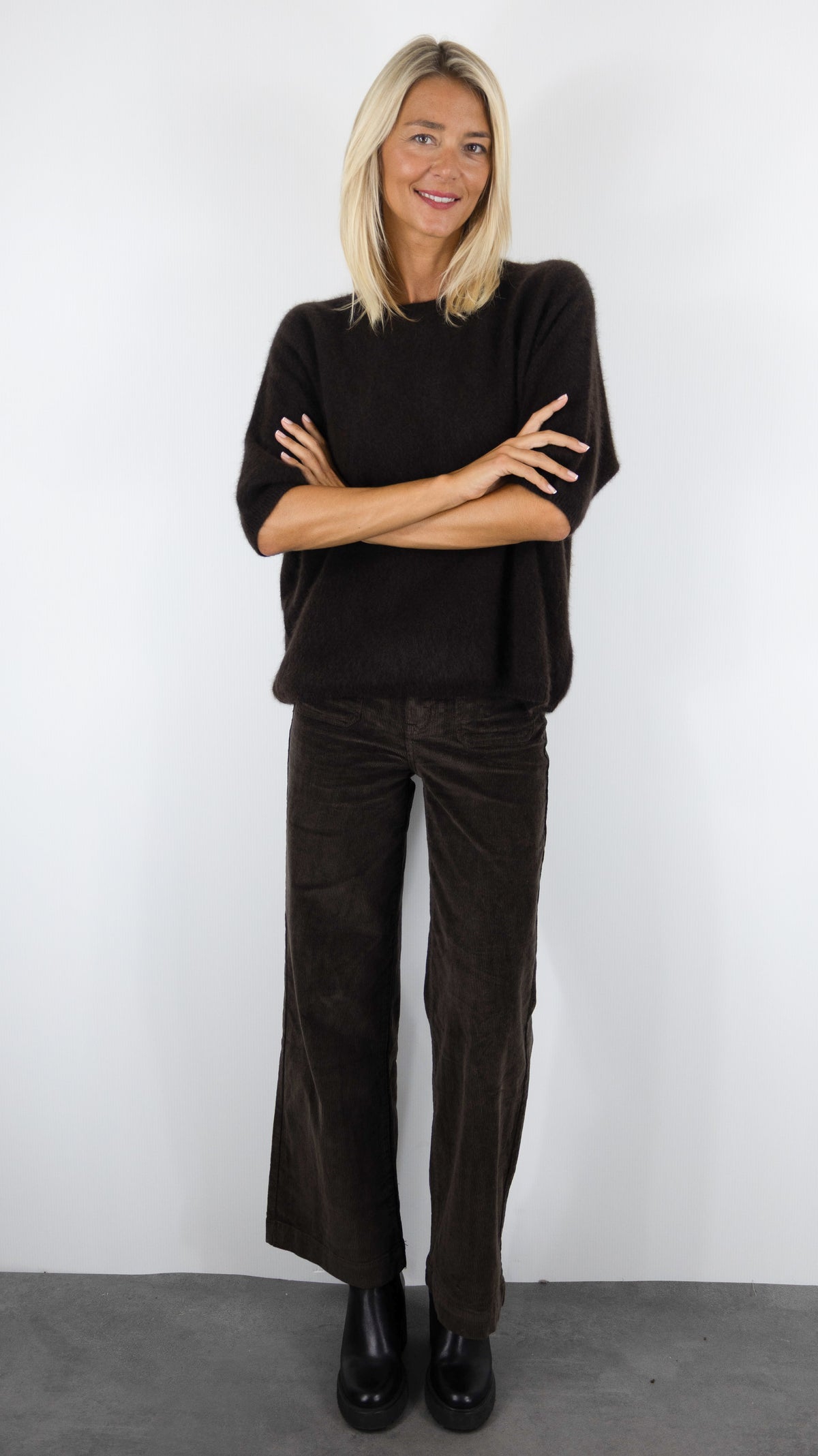 PULL AMPLE COL ROND MANCHES COURTES EN RACCOON POUR FEMME ESTHEME JF4W059R-1#COLOR_1854/AMERICANO CHOCO