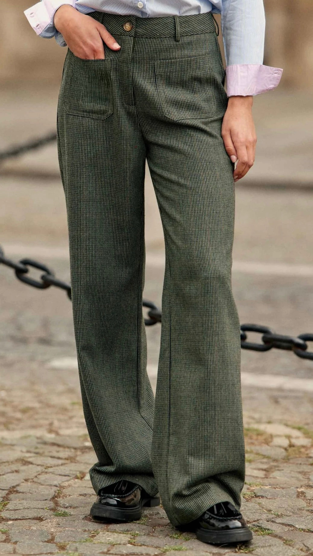 PANTALON PRINCE DE GALLES KAKI BOUTONS RIVET FEMME LA PETITE ETOILE ATLANY