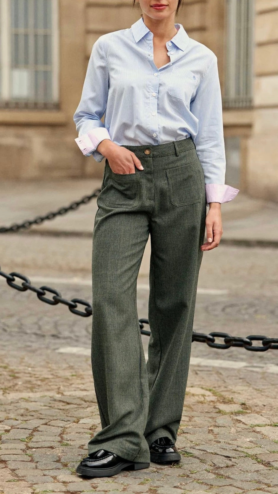 PANTALON PRINCE DE GALLES KAKI BOUTONS RIVET FEMME LA PETITE ETOILE ATLANY