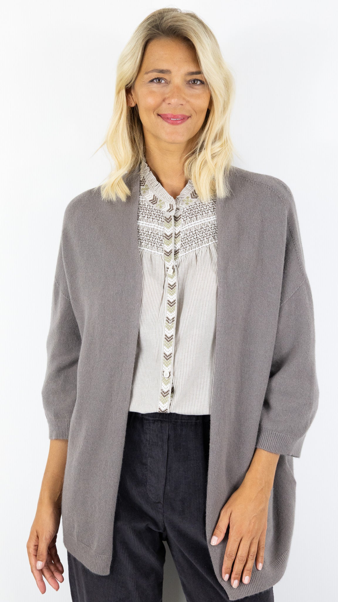 GILET LONG MANCHES 3/4 ALEXANDRE LAURENT B8618#COLOR_TORTORA/TAUPE