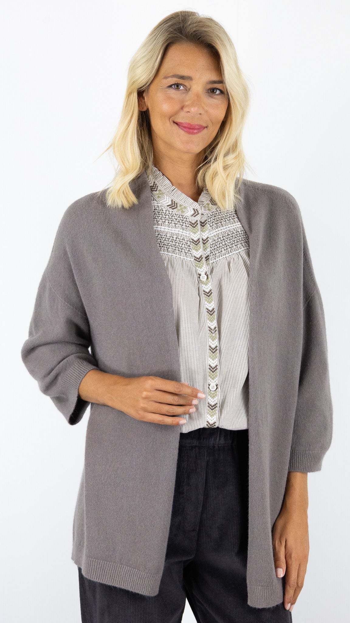 GILET LONG MANCHES 3/4 ALEXANDRE LAURENT B8618#COLOR_TORTORA/TAUPE