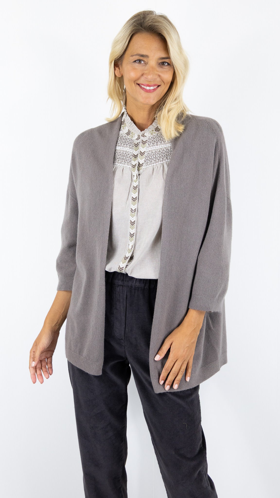 GILET LONG MANCHES 3/4 ALEXANDRE LAURENT B8618#COLOR_TORTORA/TAUPE