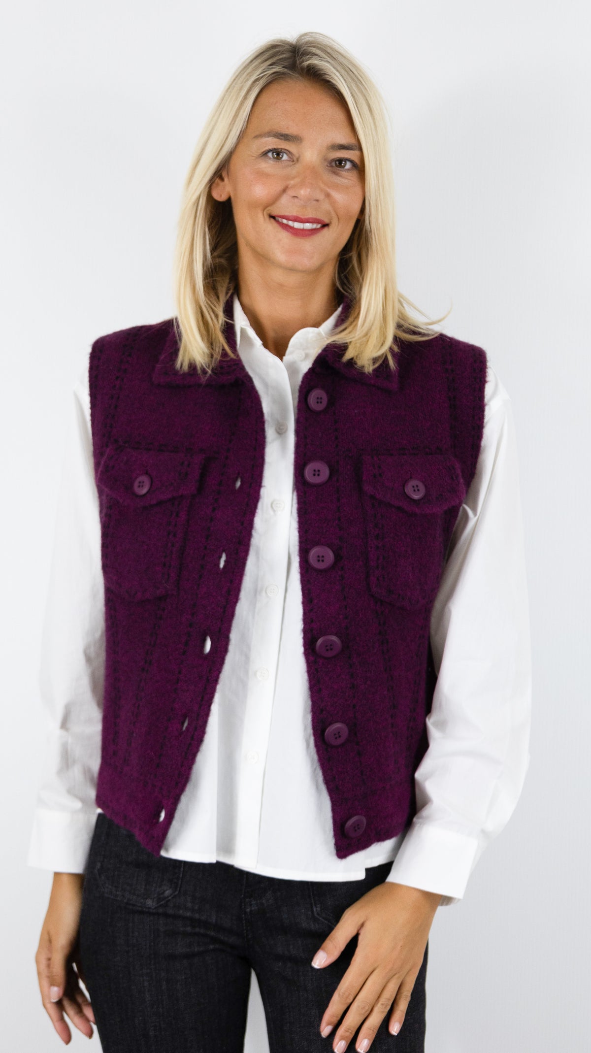 GILET SANS MANCHES COL CHEMISE AVEC 2 POCHES POITRINE AN'GE LEWAYNE#COLOR_VIOLINE