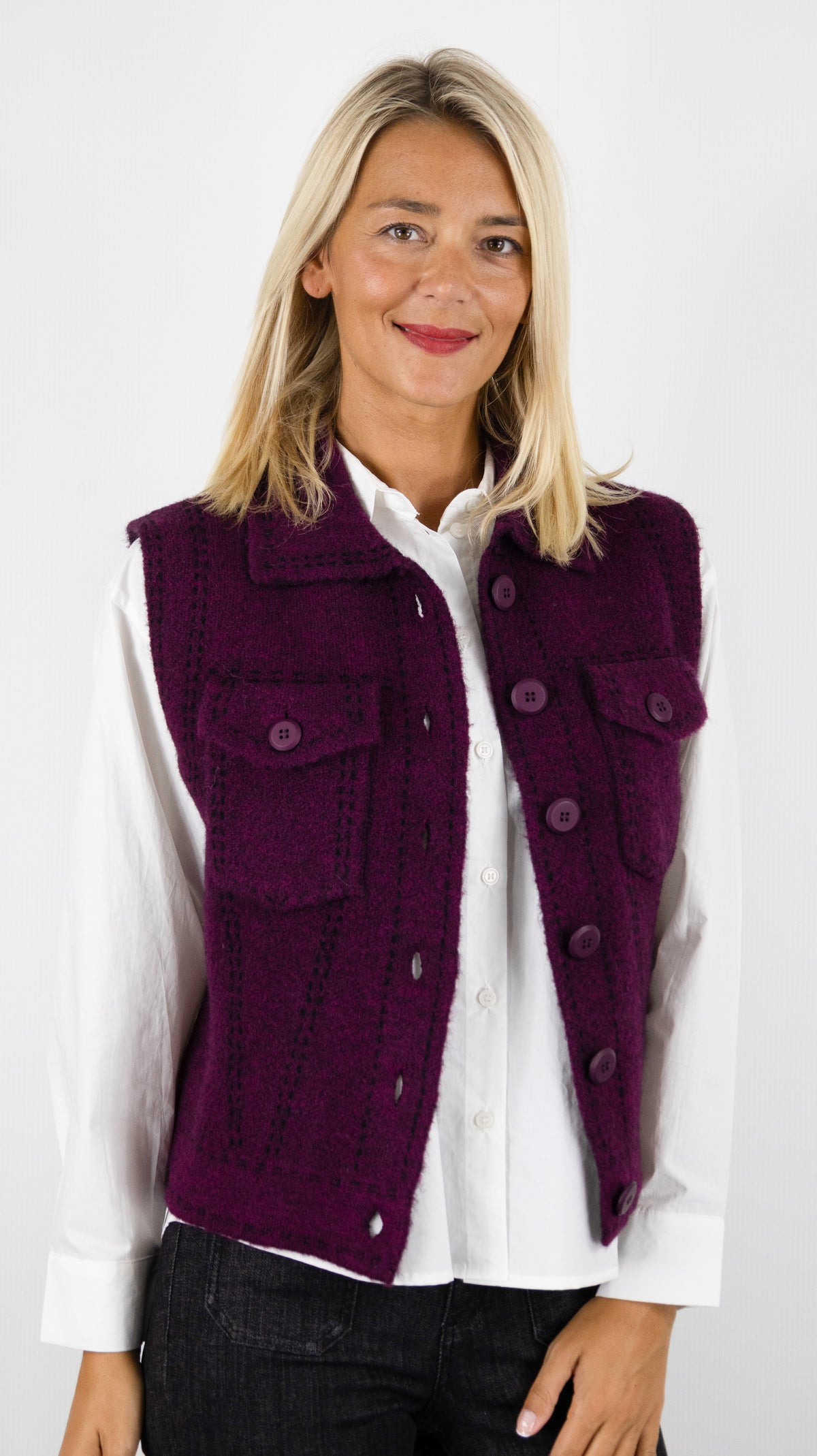 GILET SANS MANCHES COL CHEMISE AVEC 2 POCHES POITRINE AN'GE LEWAYNE#COLOR_VIOLINE