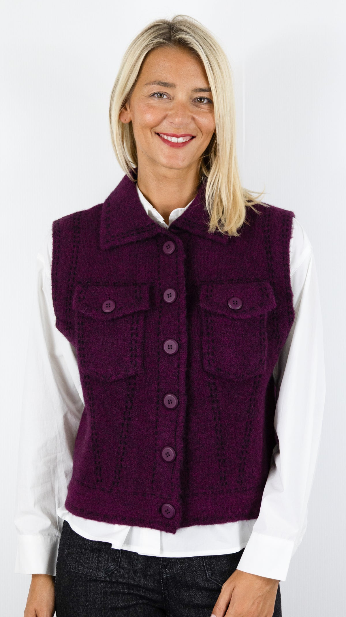 GILET SANS MANCHES COL CHEMISE AVEC 2 POCHES POITRINE AN'GE LEWAYNE#COLOR_VIOLINE