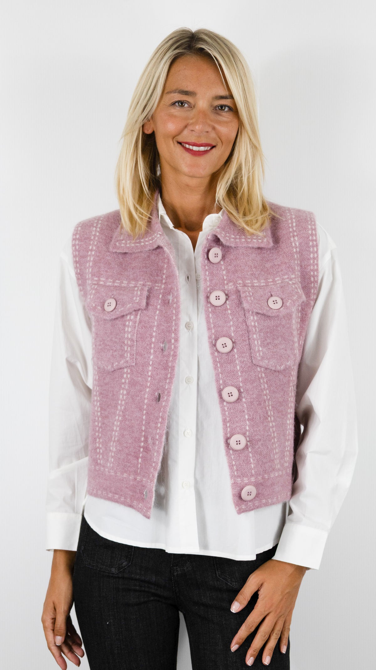 GILET SANS MANCHES COL CHEMISE AVEC 2 POCHES POITRINE AN'GE LEWAYNE#COLOR_VIEUX ROSE