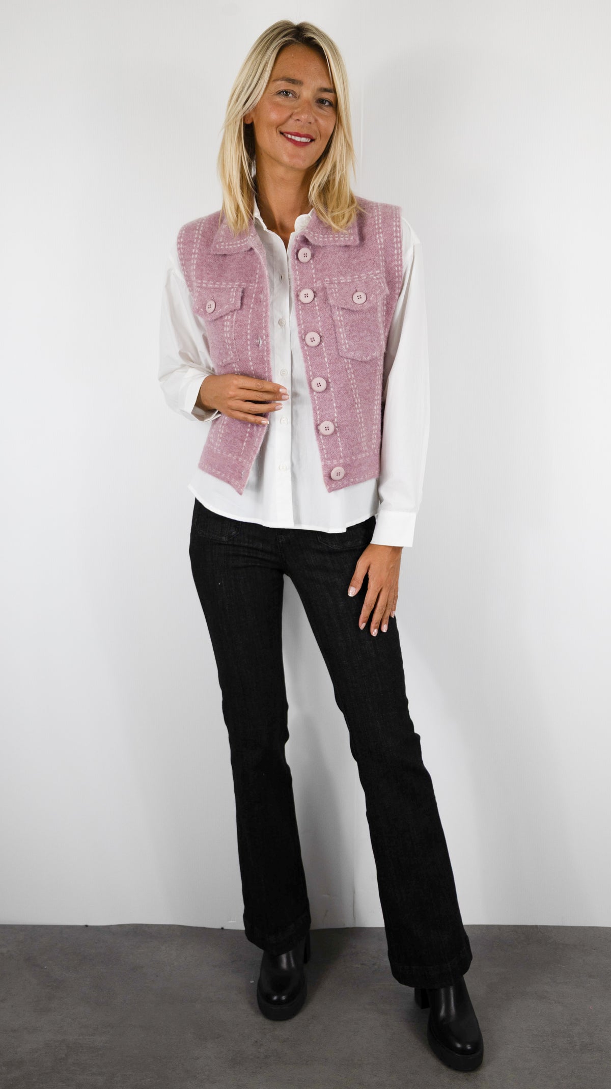 GILET SANS MANCHES COL CHEMISE AVEC 2 POCHES POITRINE AN'GE LEWAYNE#COLOR_VIEUX ROSE