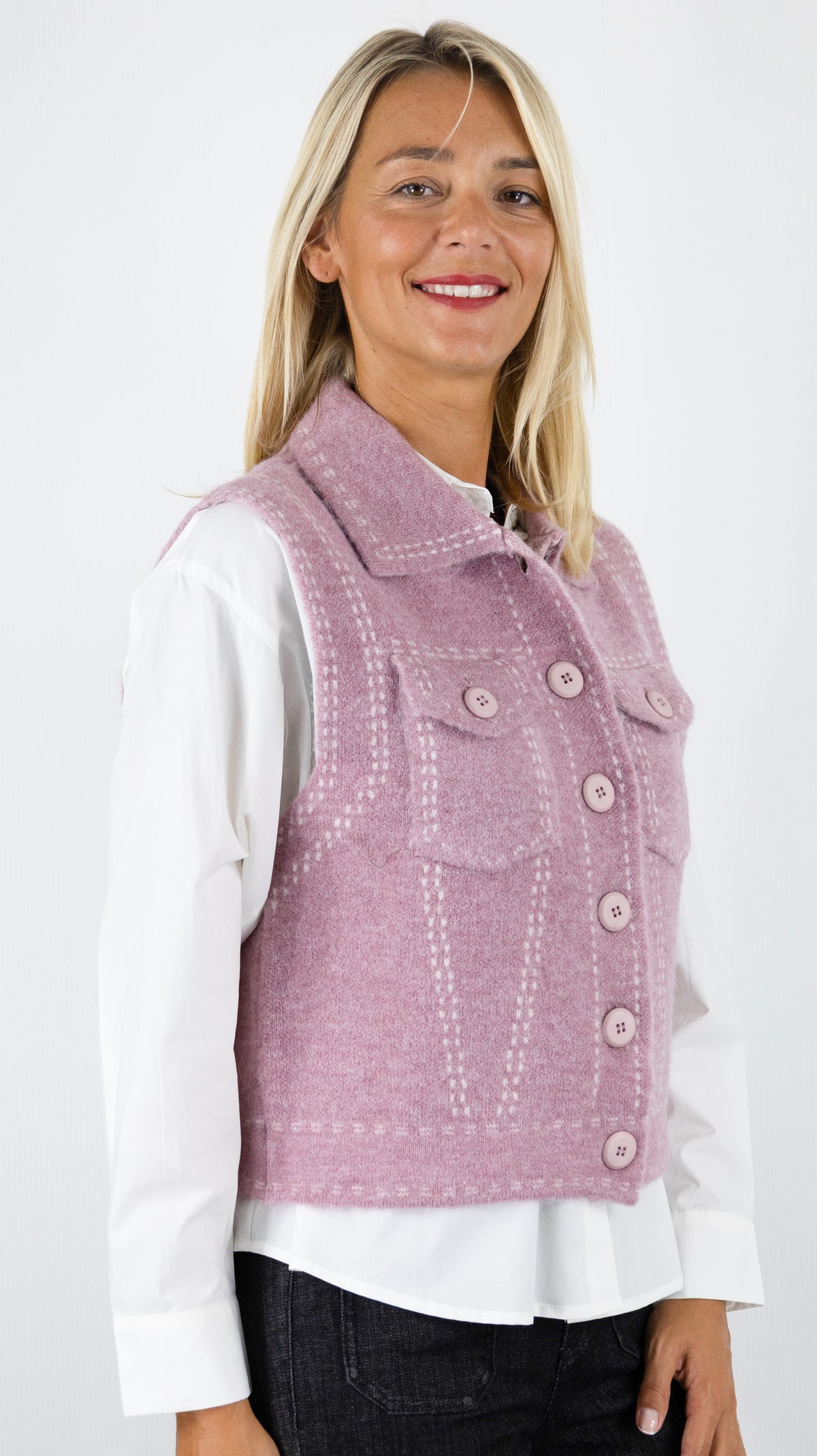 GILET SANS MANCHES COL CHEMISE AVEC 2 POCHES POITRINE AN'GE LEWAYNE#COLOR_VIEUX ROSE