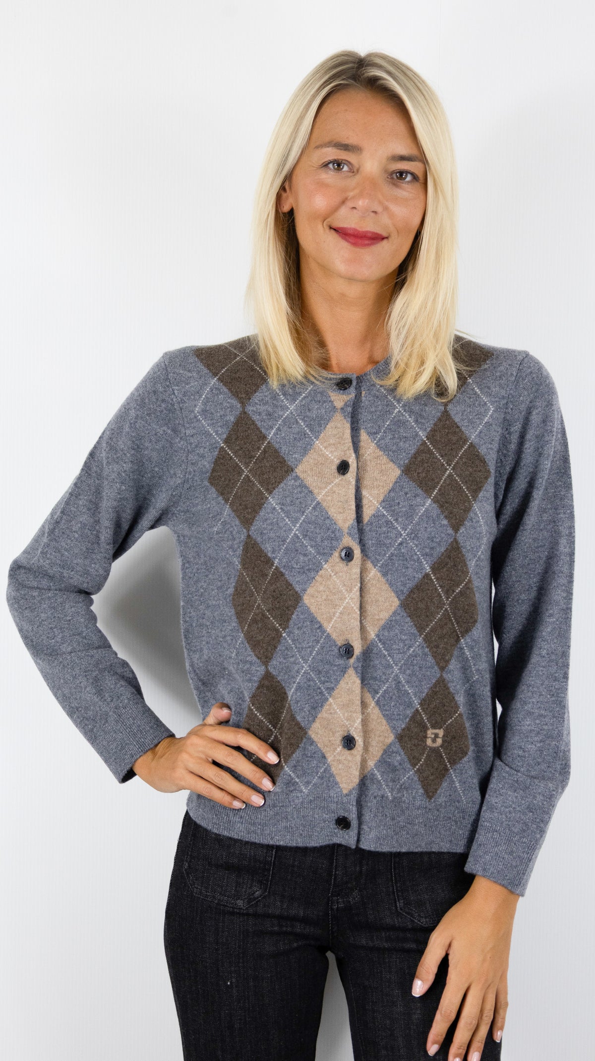 CARDIGAN EN LAINE IMPRIME LOSANGE GERARD DAREL RELY GRIS 