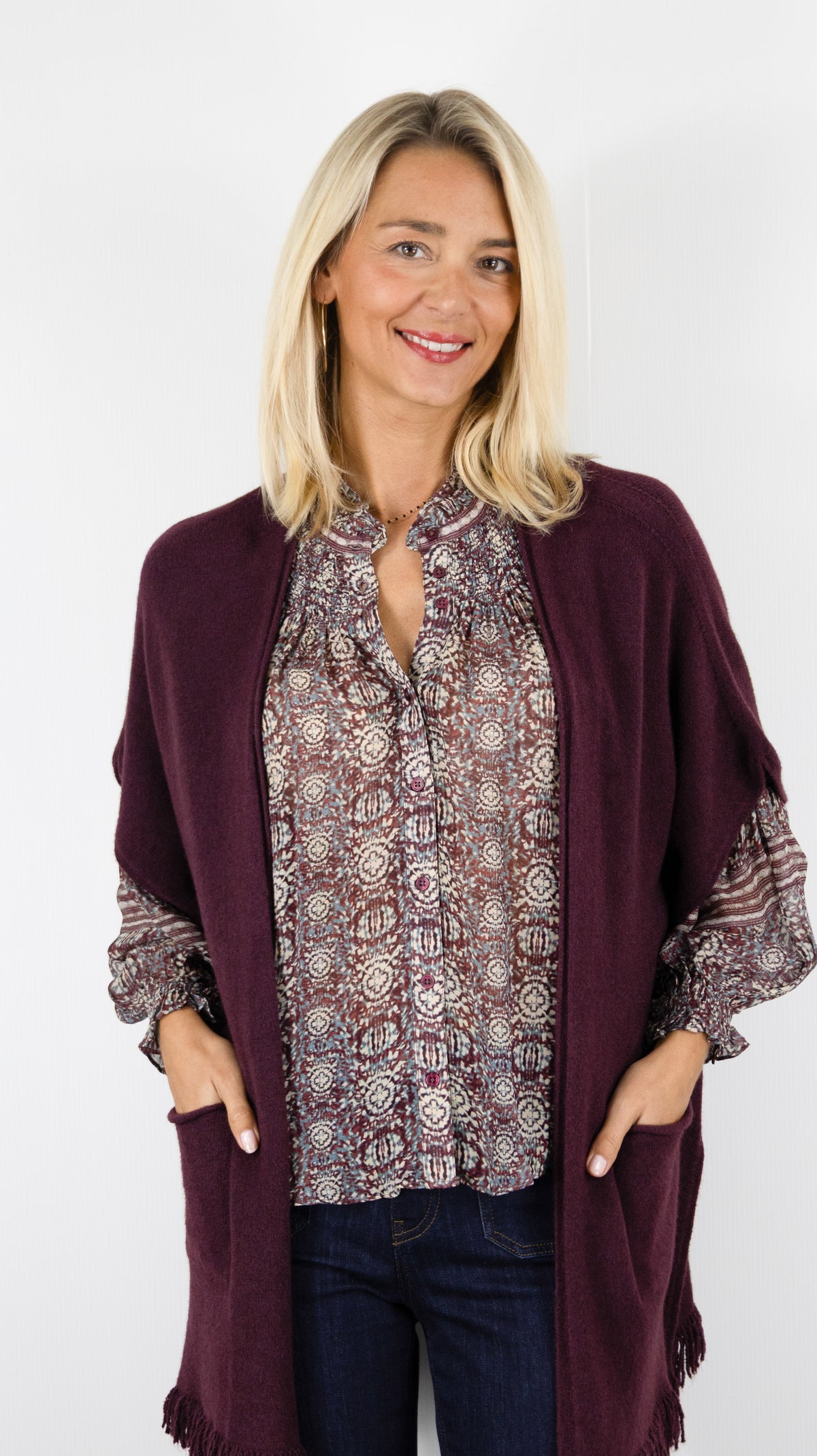 GILET AMPLE MANCHES COURTES BAS FRANGÉ ALEXANDRE LAURENT C8885#COLOR_PRUGNAC/PRUNE