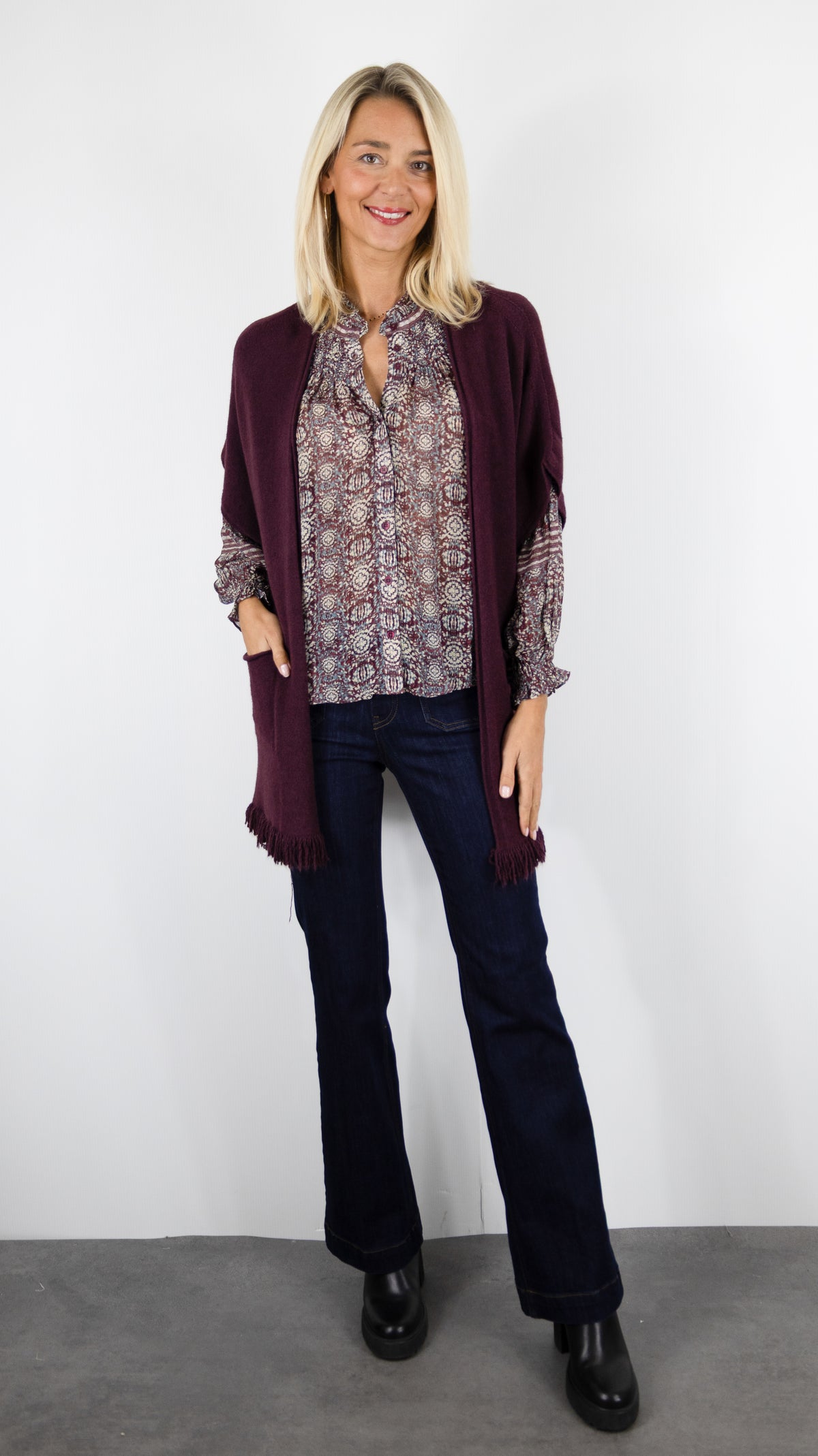 GILET AMPLE MANCHES COURTES BAS FRANGÉ ALEXANDRE LAURENT C8885#COLOR_PRUGNAC/PRUNE