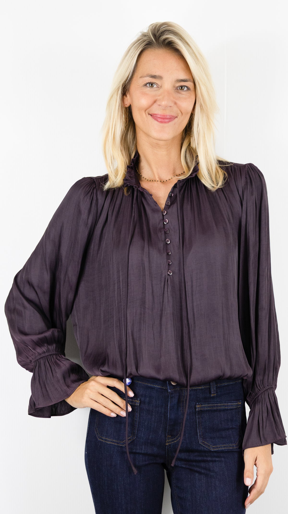 BLOUSE FLUIDE VOLANTEE CHOKLATE CK08595 FIRA#COLOR_PRUNE