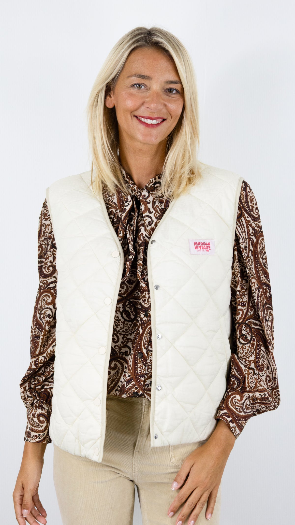 GILET MATELASSE SANS MANCHES POUR FEMME AMERICAN VINTAGE YUP16B#COLOR_CREME