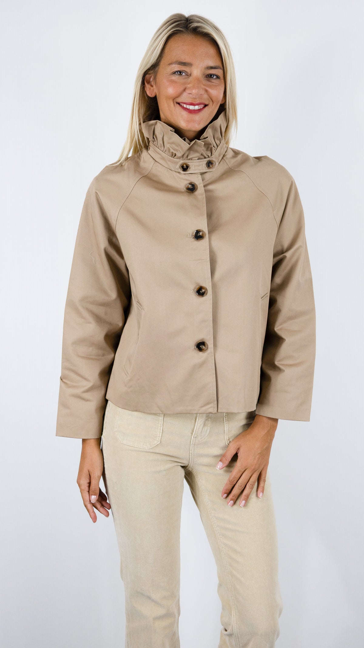 VESTE COL VOLANTE EN COTON POUR FEMME IT HIPPIE G026-692#COLOR_TAUPE