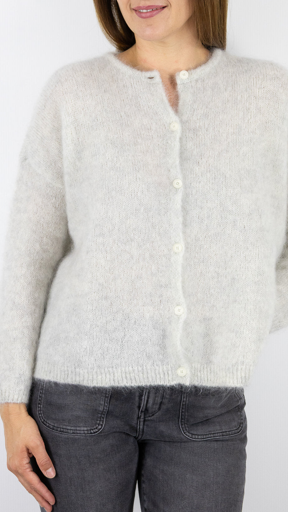 CARDIGAN EN KID MOHAIR FEMME DES PETITS HAUTS BEA#COLOR_GRIS CHINE CLAIR