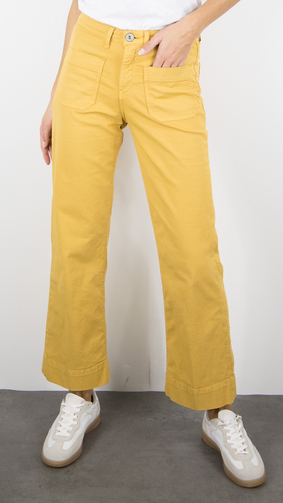 PANTALON 7/8 JAMBES LARGES POUR FEMME DENIM STUDIO BELLA LIGHT GABARDINE#COLOR_COLZA/SAFRAN