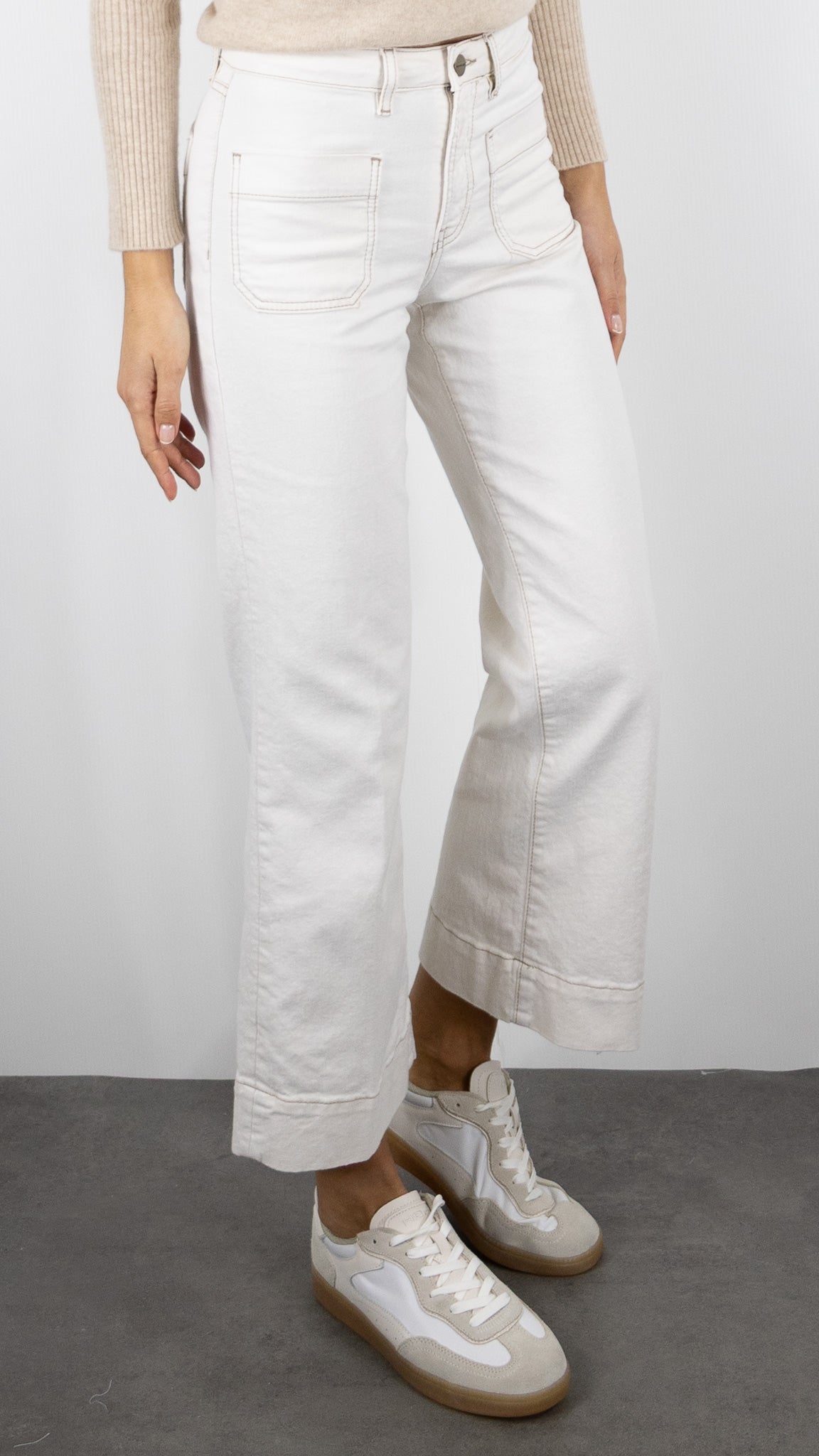 JEANS FLARE 7/8 ECRU COUTURES CAMEL FEMME  DENIM STUDIO BELLA OFF WHITE DENIM