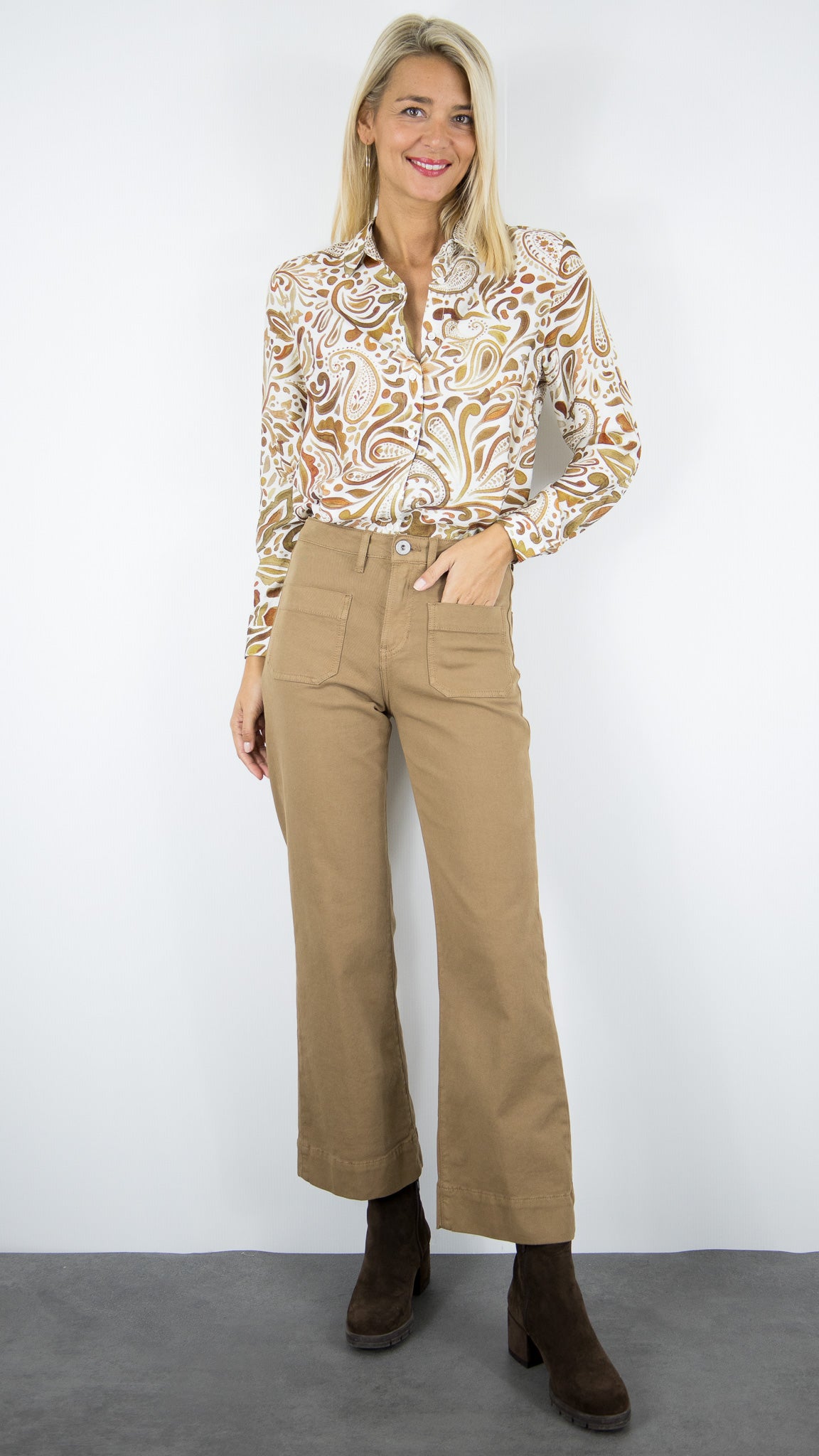 PANTALON TAILLE HAUTE EVASE FEMME DENIM STUDIO BELLA SOFT TWILL#COLOR_HAVAN/CAMEL
