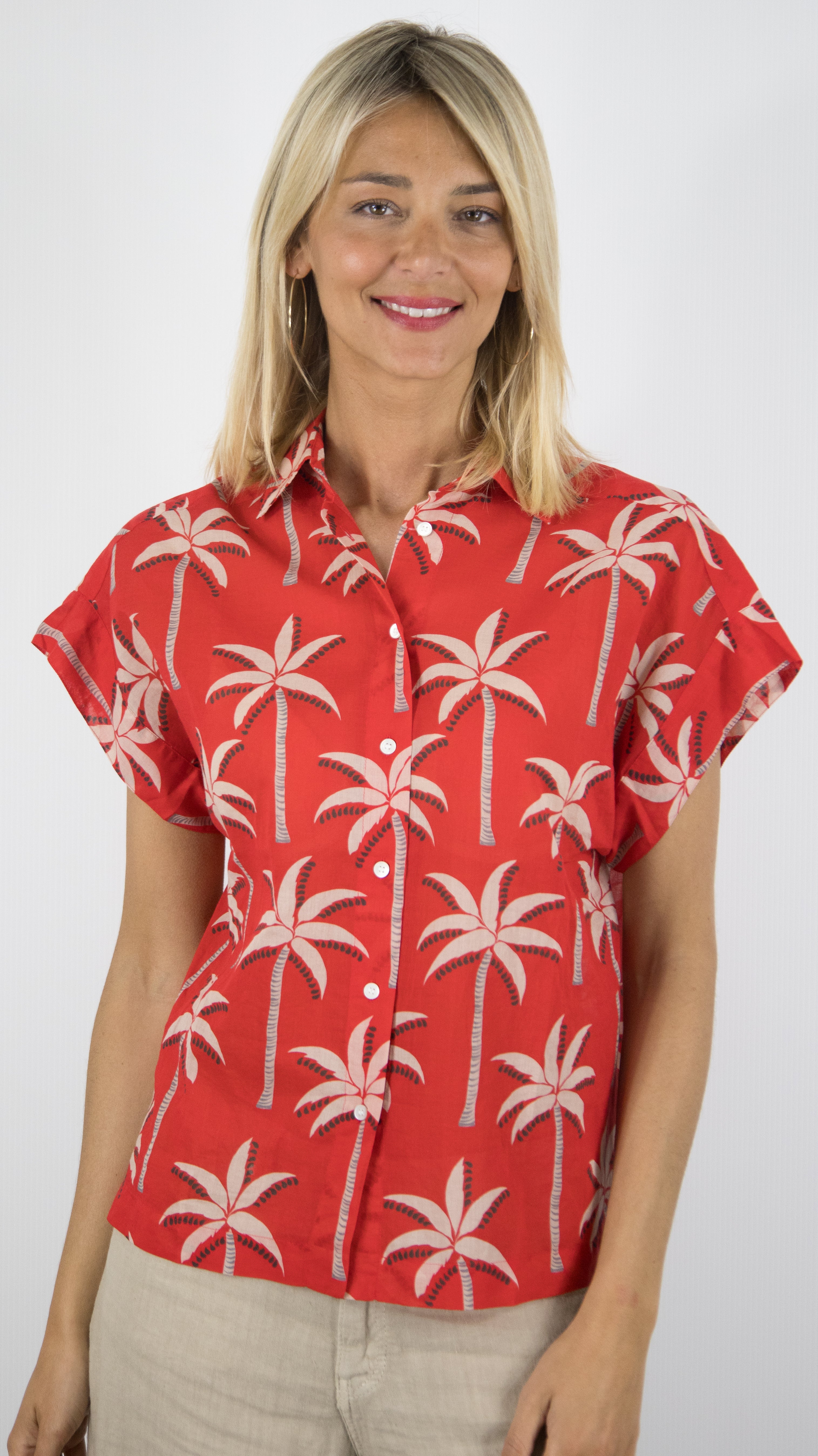 CHEMISE IMPRIME PALMIER MANCHES COURTES EN COTON POUR FEMME CET ETE HARTFORD CARLOS#COLOR_02/ROUGE