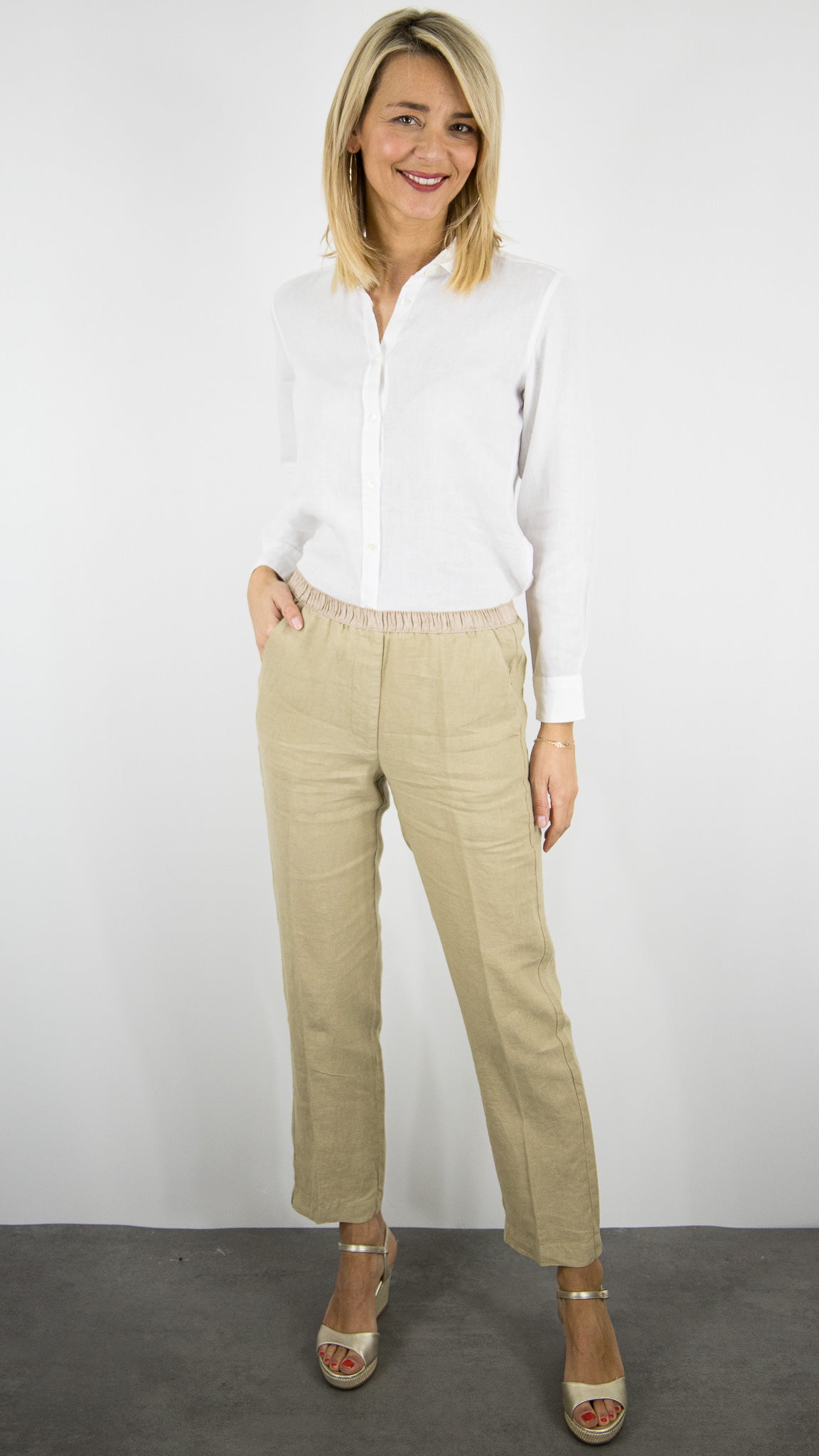 PANTALON TAILLE ELASTIQUE EN LIN POUR FEMME HARTFORD PIROL#COLOR_27/DUNE BEIGE FONCE