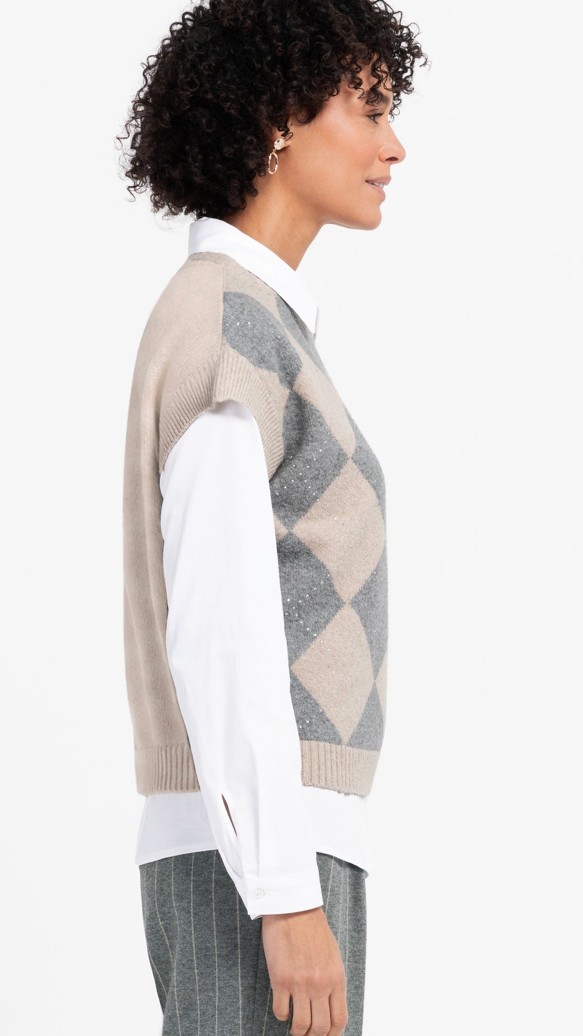 PULL DEBARDEUR LOSANGE BEIGE GRIS BIANCA OLLY 88035
