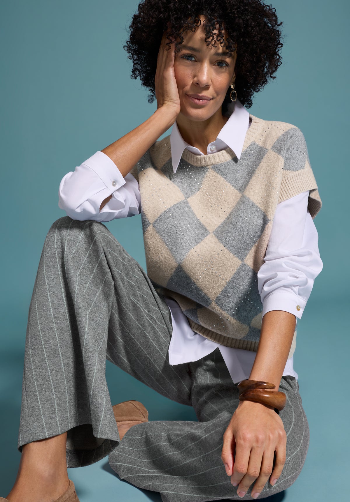 PULL DEBARDEUR LOSANGE BEIGE GRIS BIANCA OLLY 88035