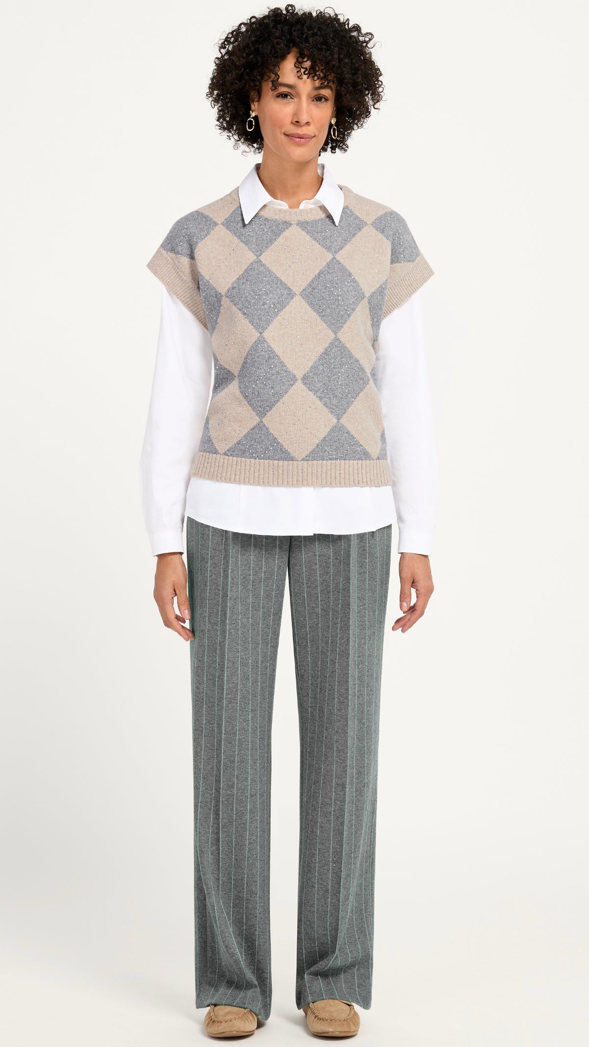 PULL DEBARDEUR LOSANGE BEIGE GRIS BIANCA OLLY 88035