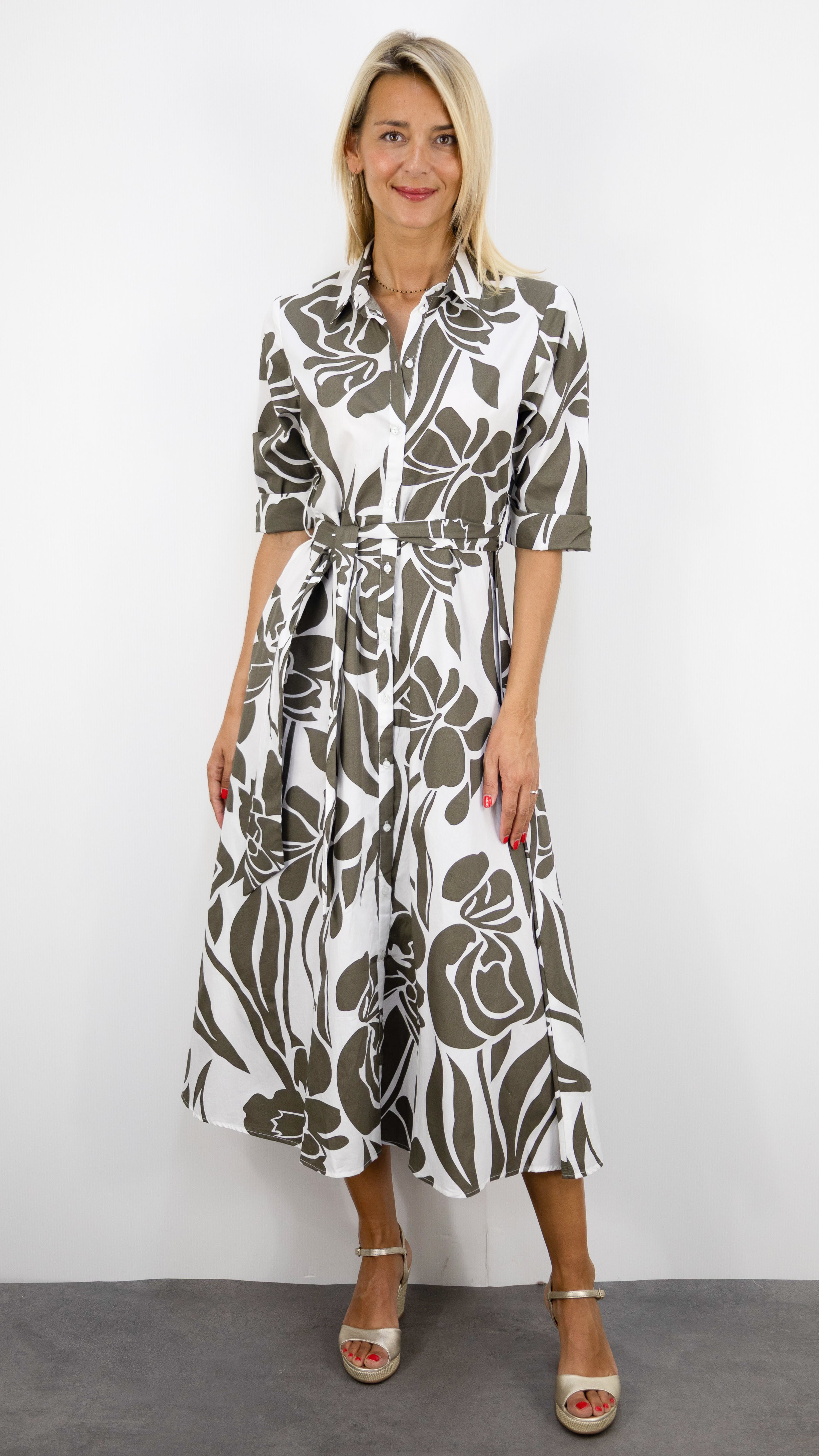 ROBE CHEMISE EVASEE IMPRIMEE KAKI GOA BIBA