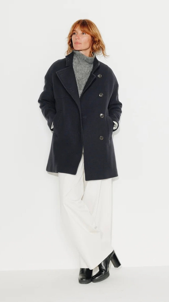 MANTEAU COL MONTANT EN LAINE MARINE BILOBA TRENCH COAT 