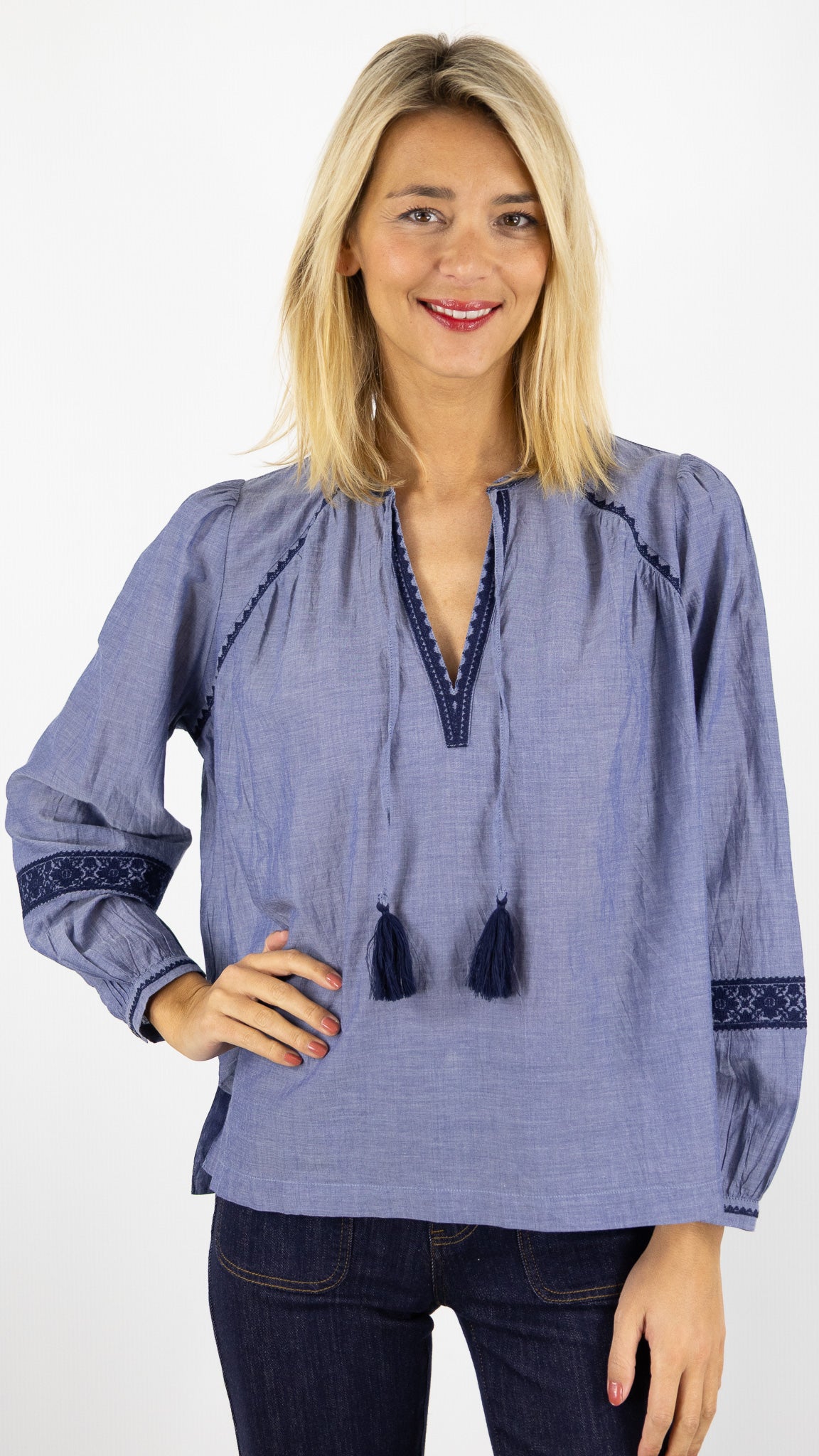 BLOUSE AMPLE BRODÉE MARINE ET CHAMBRAY LA PETITE ETOILE BRONNIE