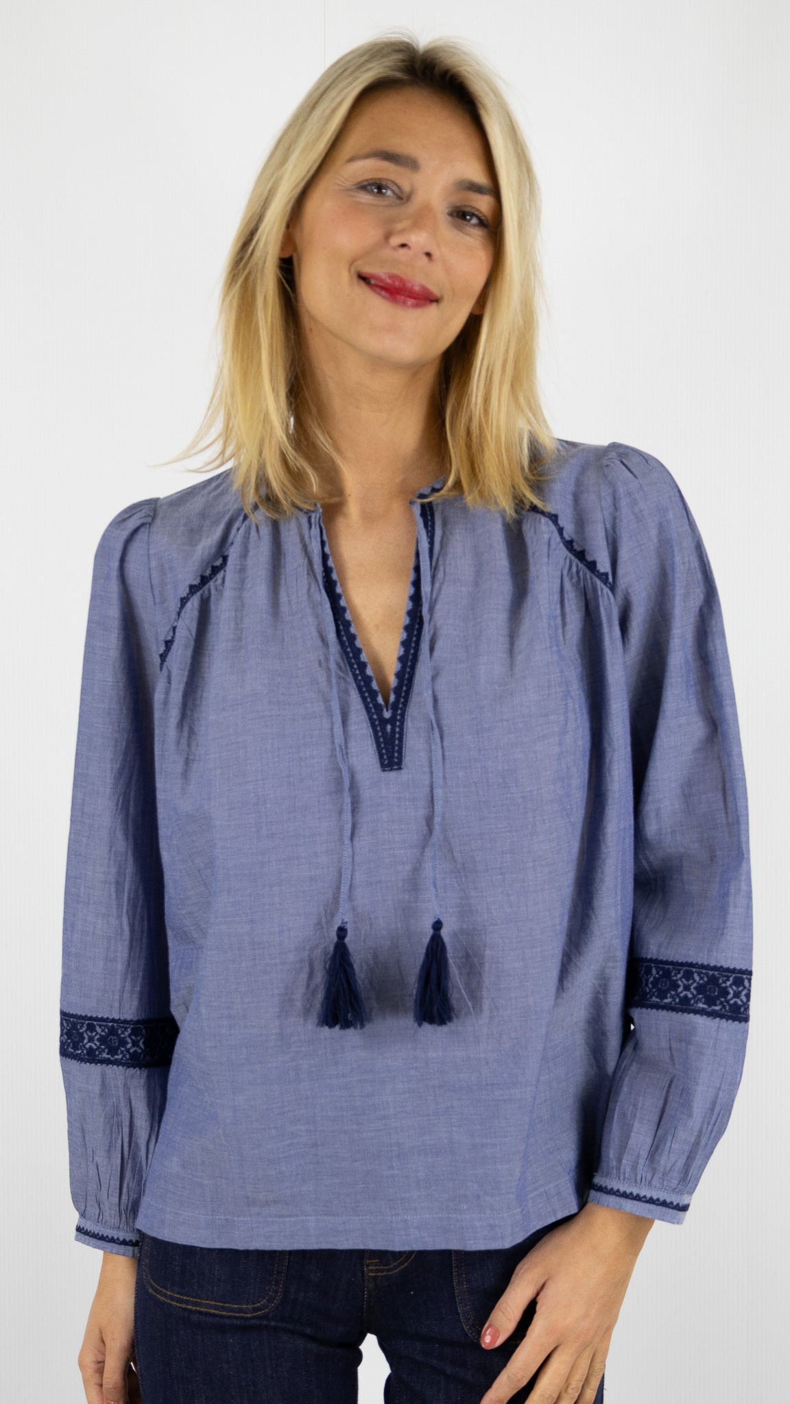 BLOUSE AMPLE BRODÉE MARINE ET CHAMBRAY LA PETITE ETOILE BRONNIE