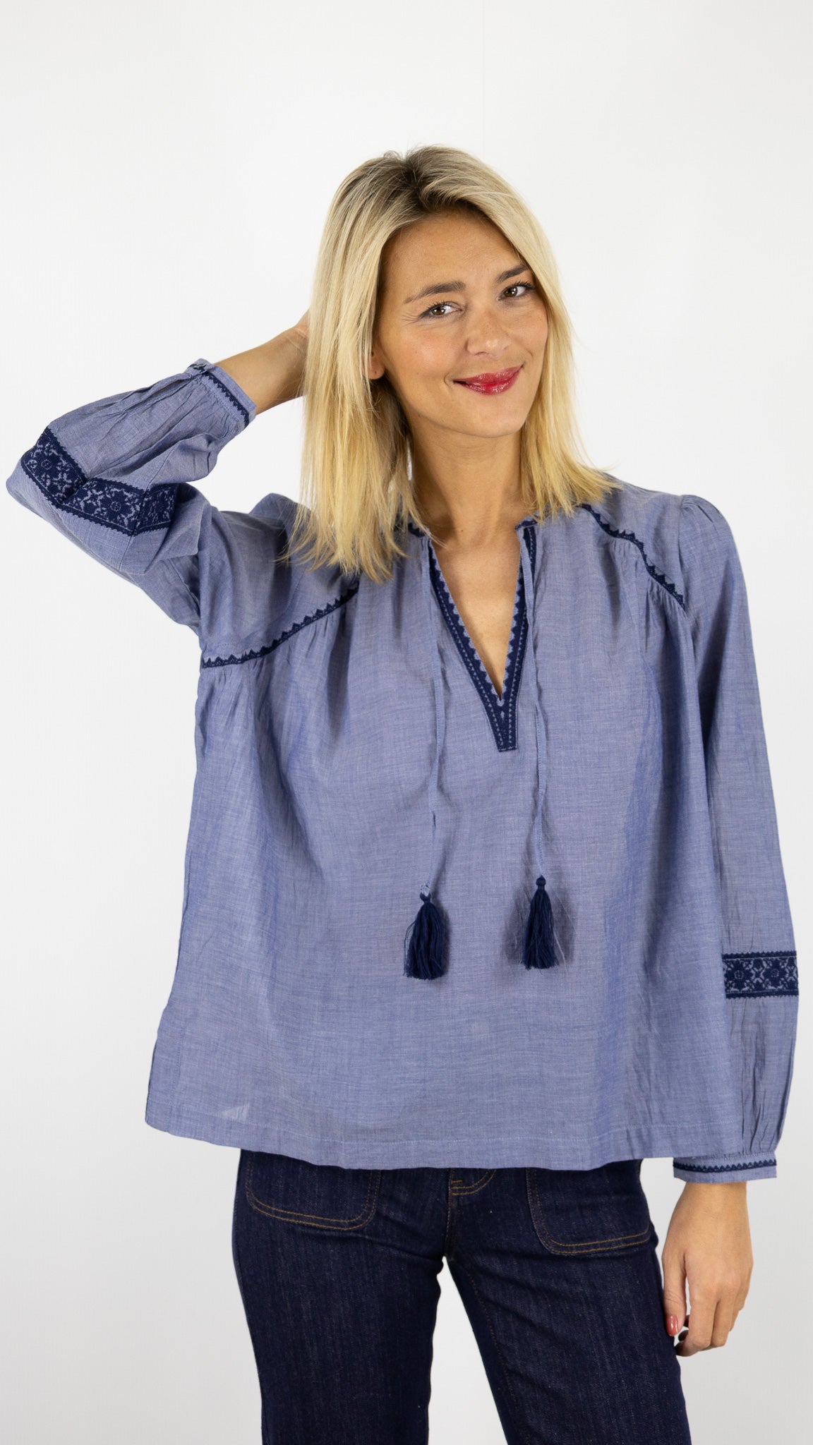 BLOUSE AMPLE BRODÉE MARINE ET CHAMBRAY LA PETITE ETOILE BRONNIE