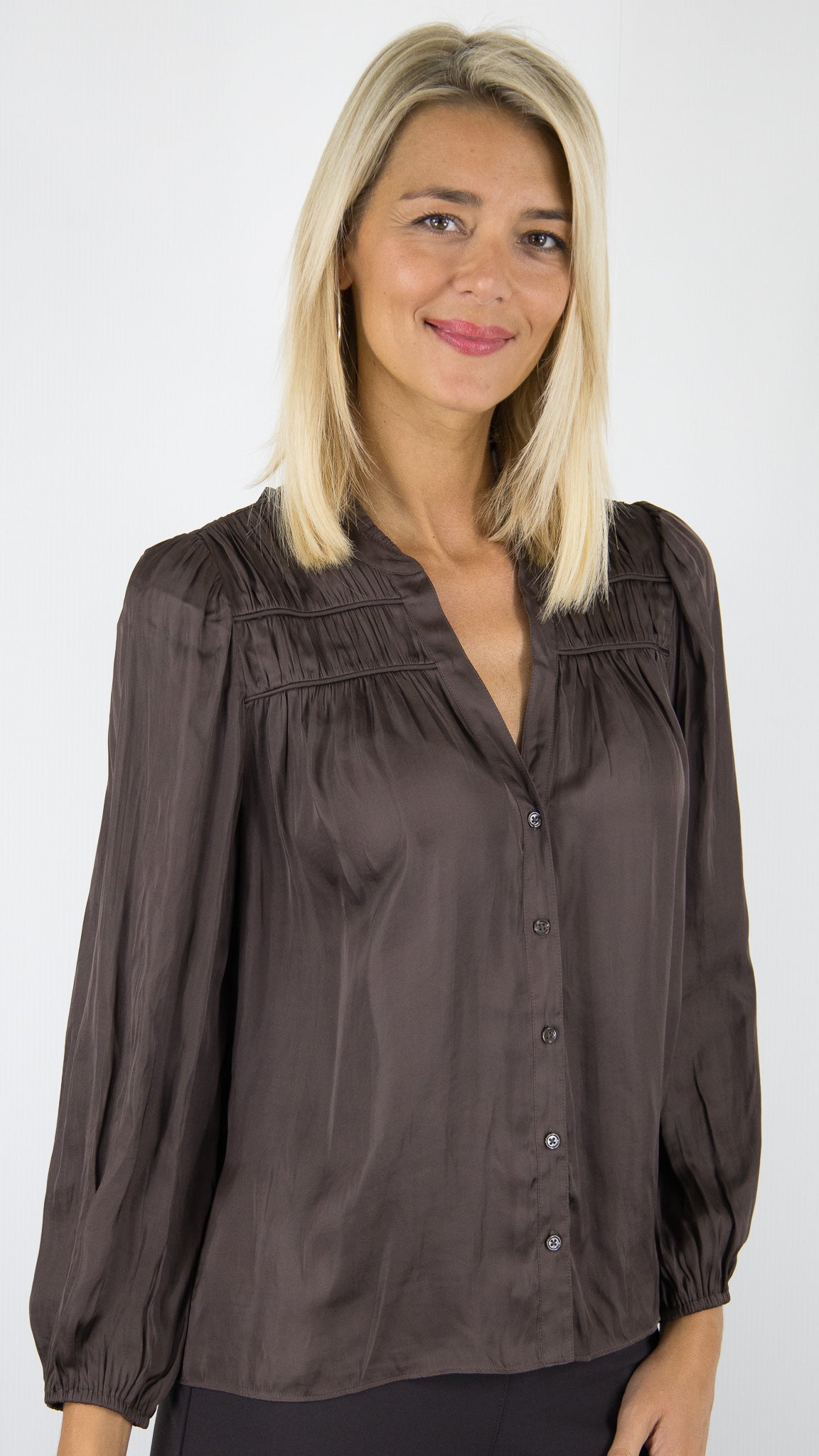 BLOUSE FRONCEE POLYSOIE BA&SH CESSIA#COLOR_CHOCOLAT