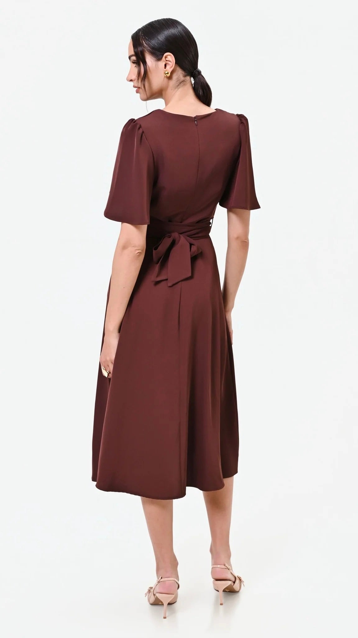 ROBE FLUIDE DRAPPÉE ÉLÉGANTE MARRON POUR FEMME RINASCIMENTO CFC0130286003#COLOR_B404/CHOCO